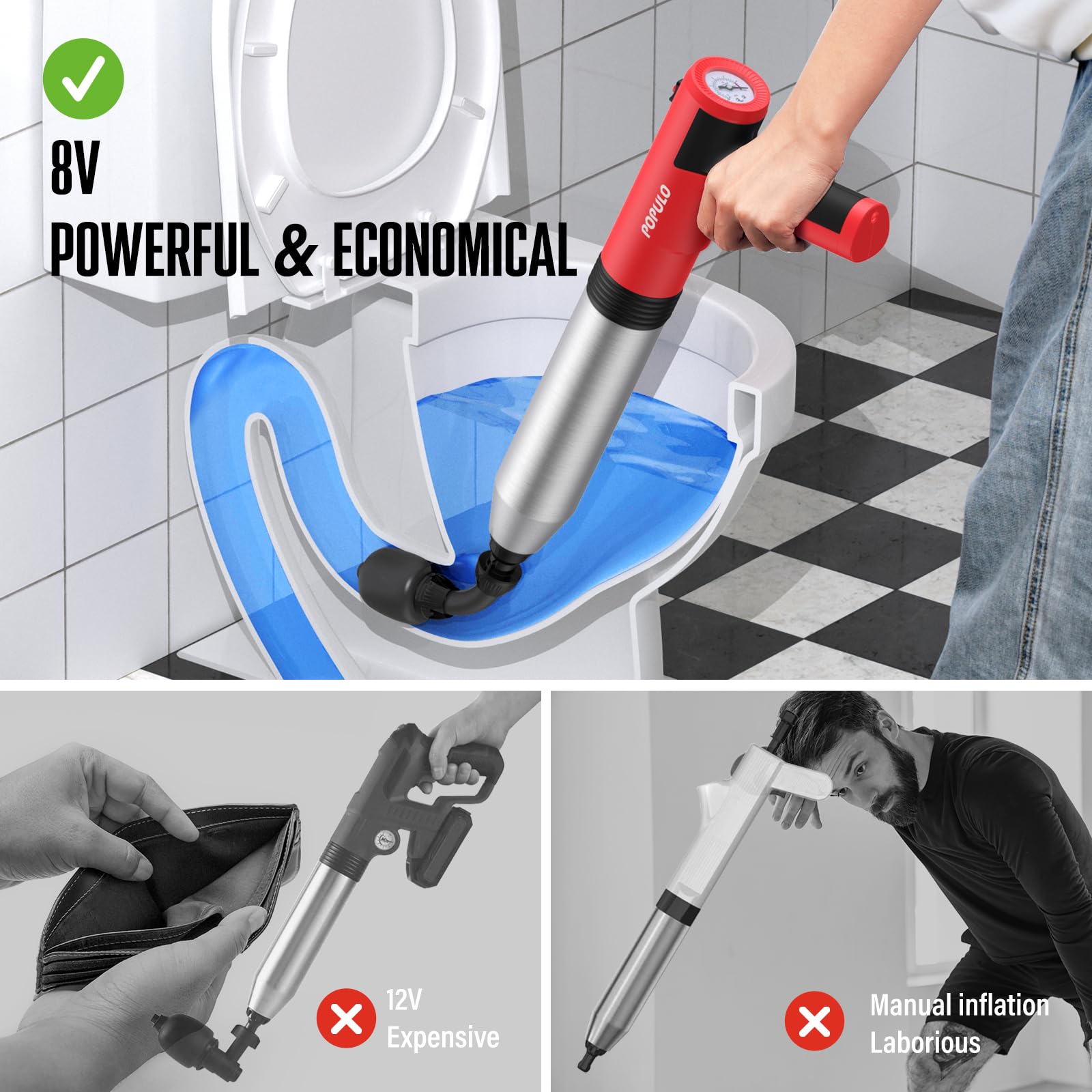 Populo Ultimate Electric Toilet Plunger - Say Goodbye To Splashback And Clogs With Our Upgraded Bendable Head And Safe Designs -