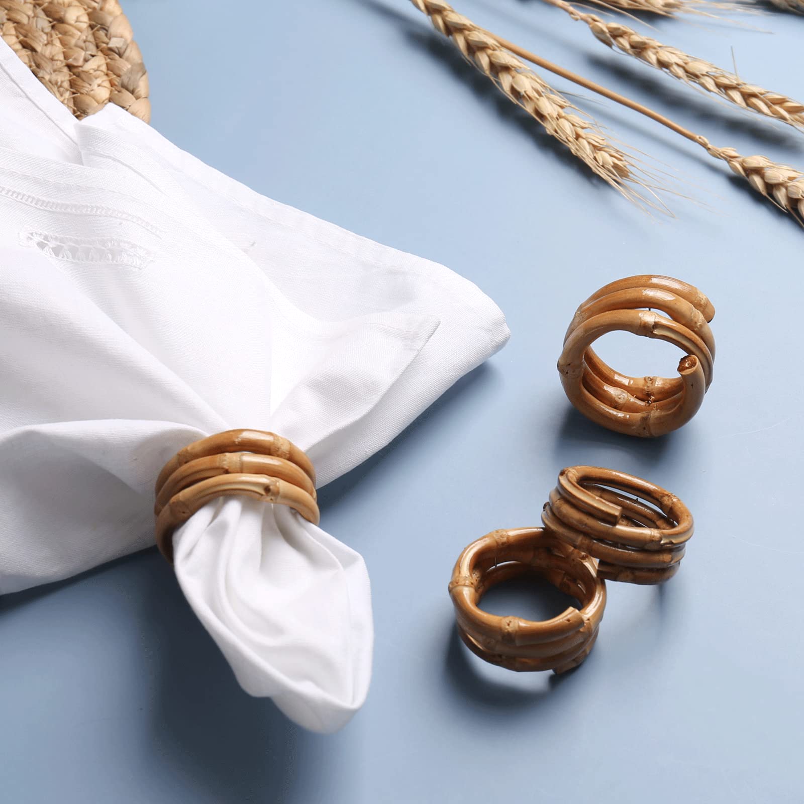 Loghog Wood Bamboo Napkin Rings Set Of 8, Handmade Rattan Napkin Holder Rings Table Decorations For Wedding, Valentine'S, Banque