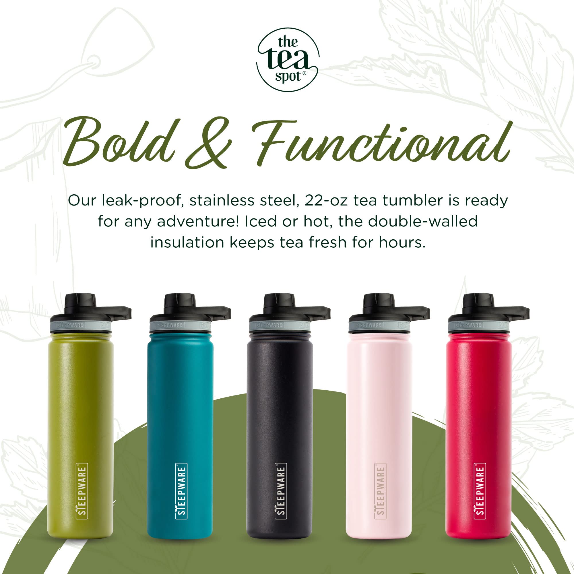 The Tea Spot Steepware Tea Tumbler, 22oz Insulated Travel Bottle, Teal, Model 3-7004, with Tea Infuser for Loose Leaf Tea & Iced Coffee
