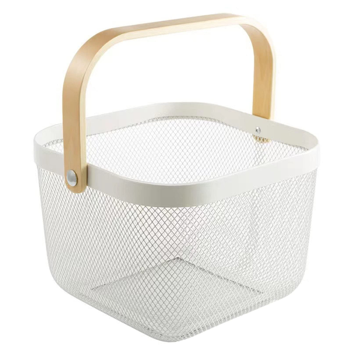 Ajioda Metal Mesh Steel Basket, Storage Organizer Basket Multi-Functional Hanging Kitchen Baskets Fruit Basket Bin With Bamboo H