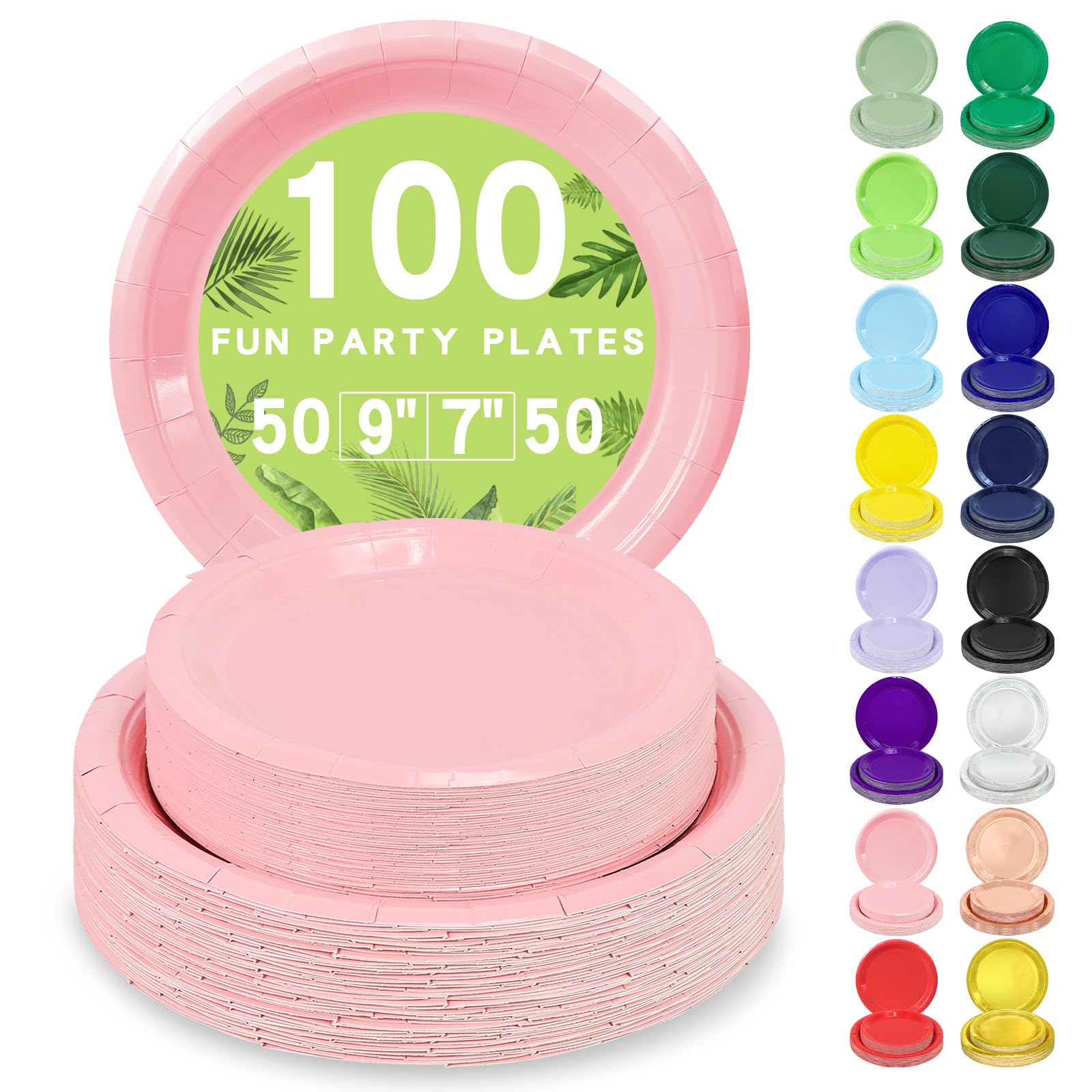 LANLISA 100 Pink Paper Plates Set Includes 50-9 & 50-7 Disposable Dessert Cake Paper Plates For Party Supplies