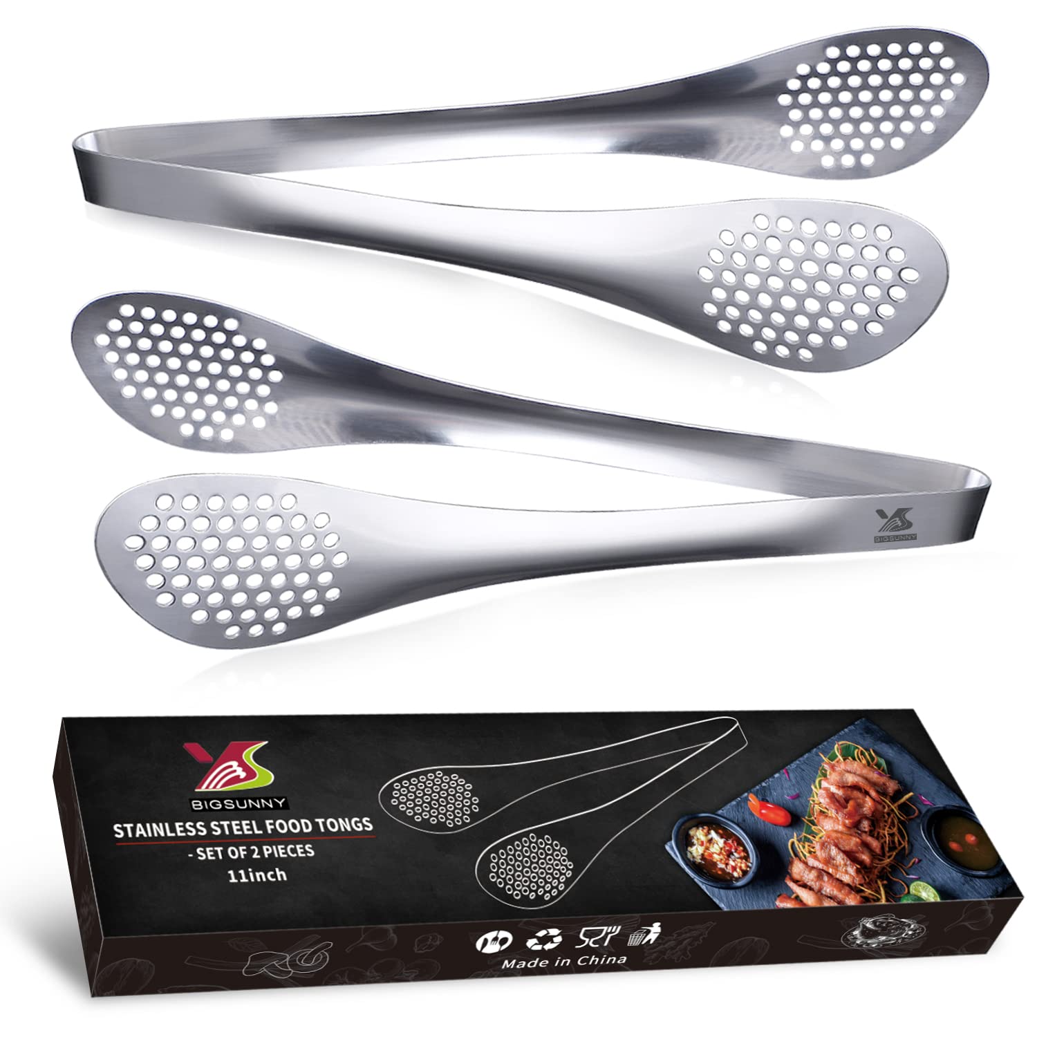 Msy Bigsunny 11Inch Kitchen Cooking Food Tongs Stainless Steel Buffet Tongs (Silver, 2 Pack)