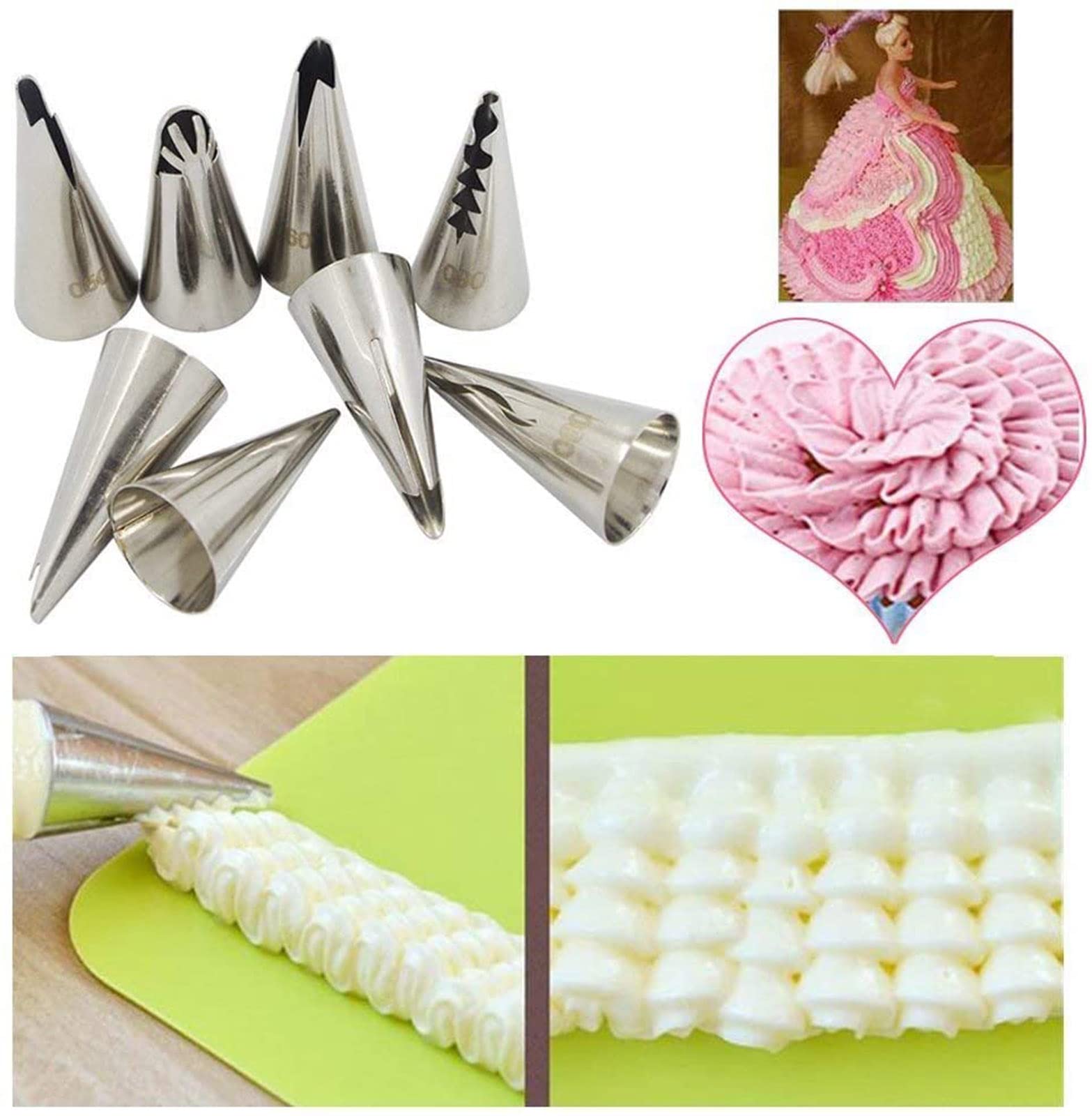 Roseflower 7 Pcs Skirt Piping Tips Set - Stainless Steel Piping Nozzles Kit For Pastry Cupcakes Cakes Cookies Decorating Supplie