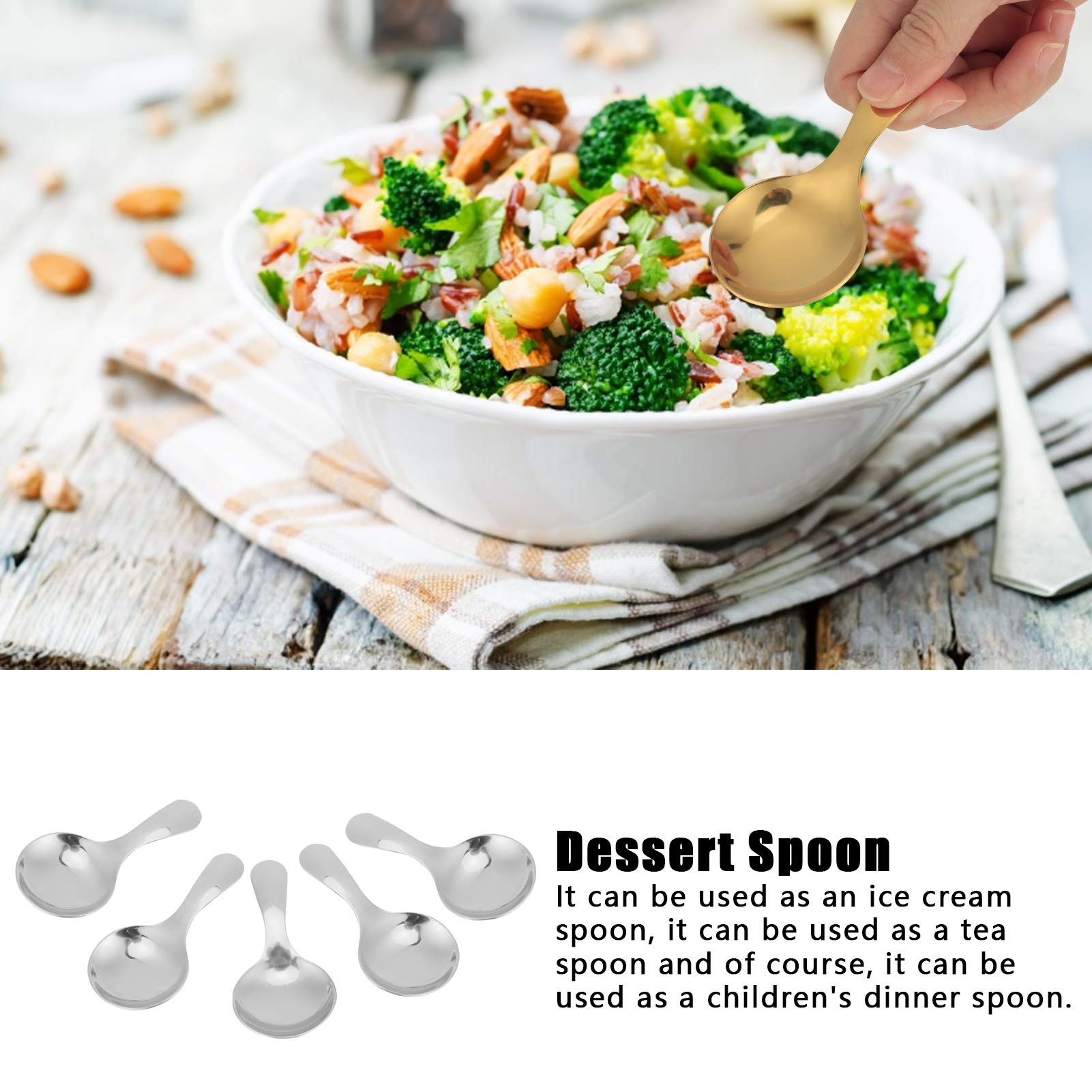 5Pcs Dessert Spoons 304 Stainless Steel Ice Cream Scoop Tea Spoon Soup Spoon Eating Short Spoon Kitchen Utensils (Silver)