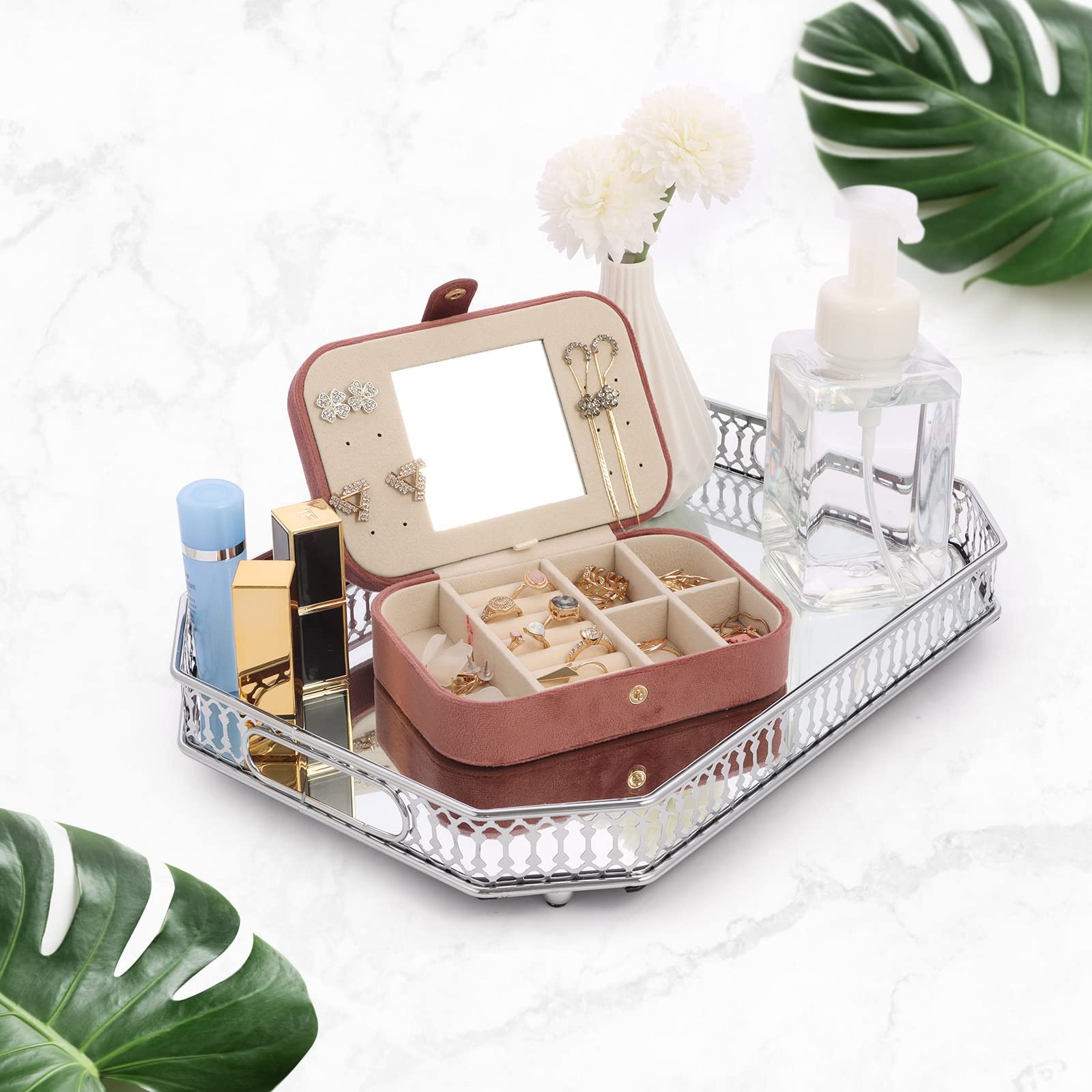 Perfume Tray, Mirror Tray, Vanity Decorative Tray With Rectangle Metal For Dresser Bedroom Countertop Organizer, Large Size 13.8