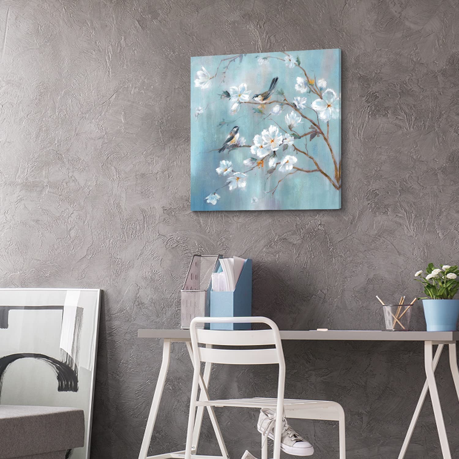 Utop-Art White Flower Canvas Wall Art: Elegant Tree And Birds Artwork Floral Painting For Bedroom (28'' X 28'' X 1 Panel)