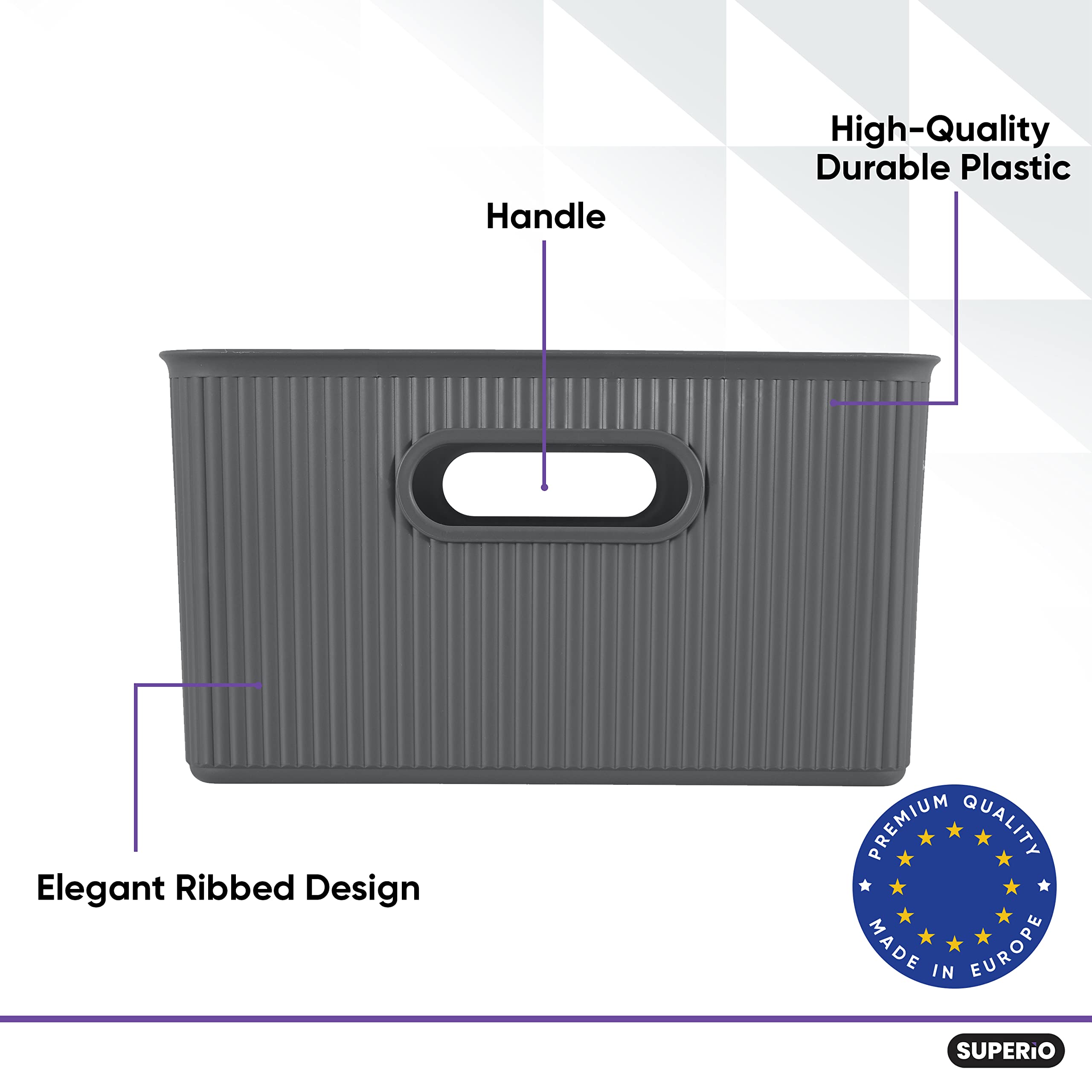 Superio Ribbed Collection - Decorative Plastic Open Home Storage Bins Organizer Baskets, Large Grey (1 Pack) Container Boxes For