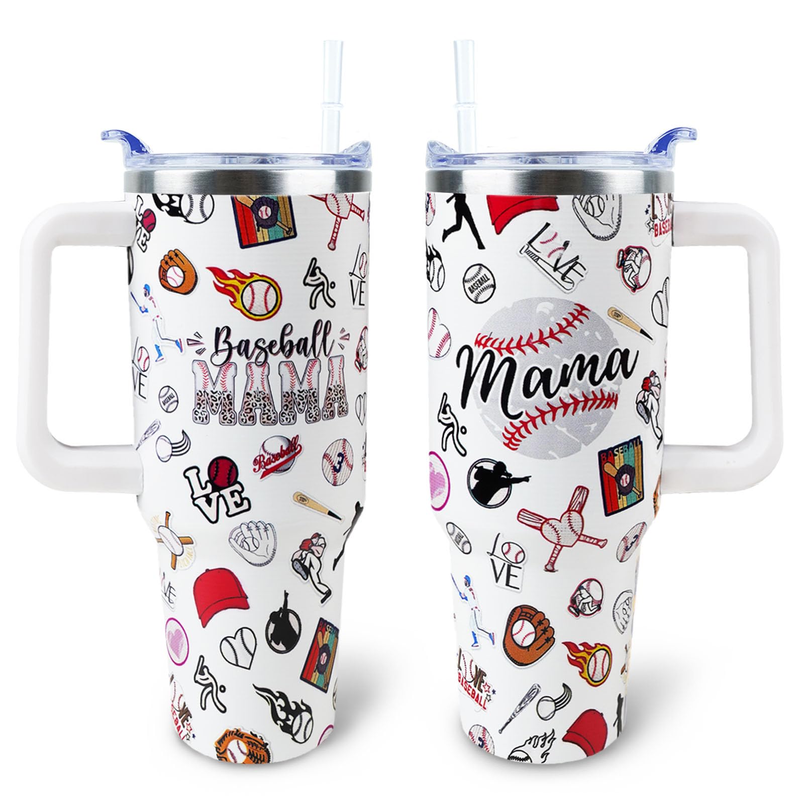 WENININOK Baseball Mom 40 oz Tumbler with Handle and Straw Lid Leak Proof - Baseball Mom Tumbler for Mothers Day Gifts for Mom W