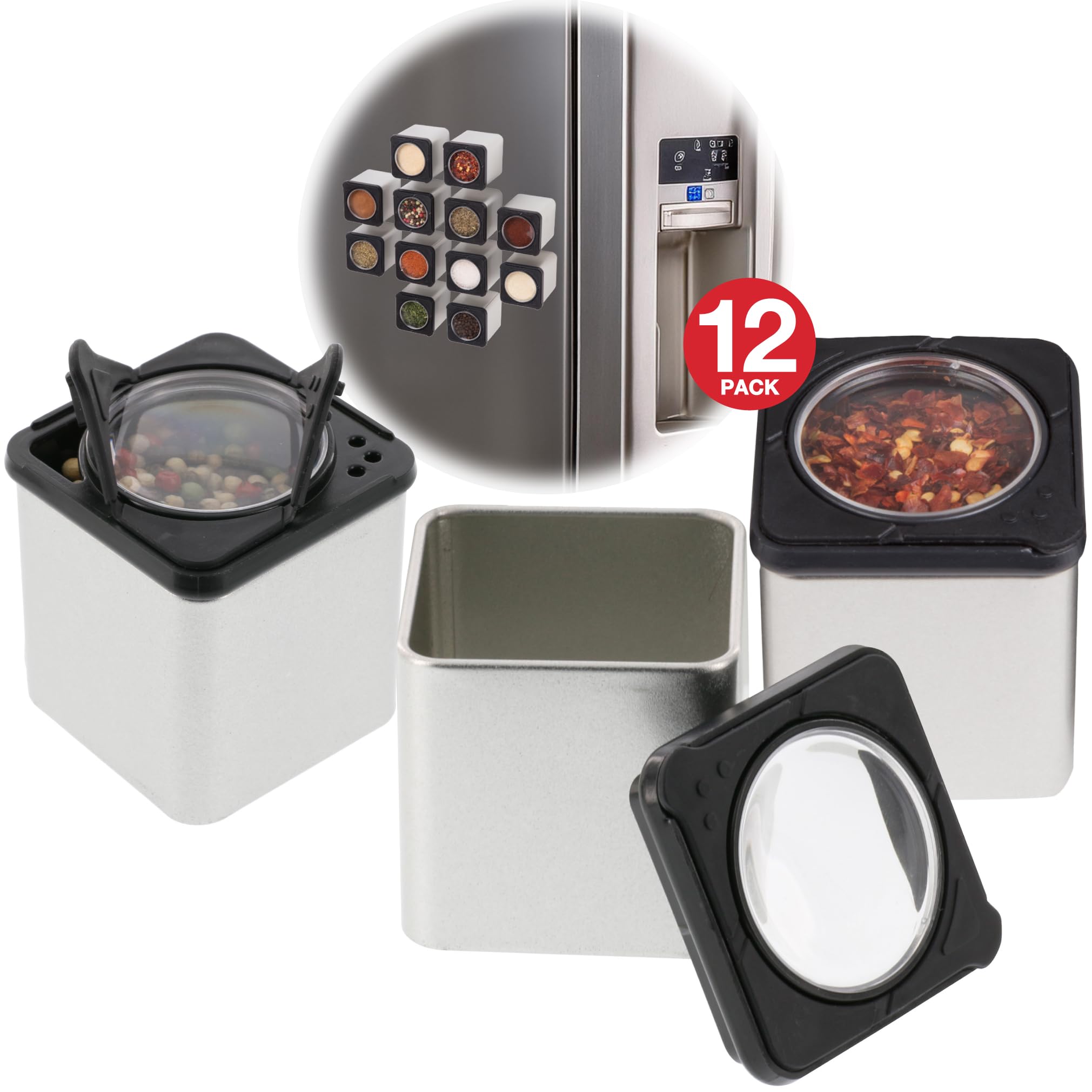 Set Of 12 Magnetic Spice Jars, Shake Or Pour Containers Attach To Most Refrigerator Doors & Appliances, Seasoning Dispensers- Ea