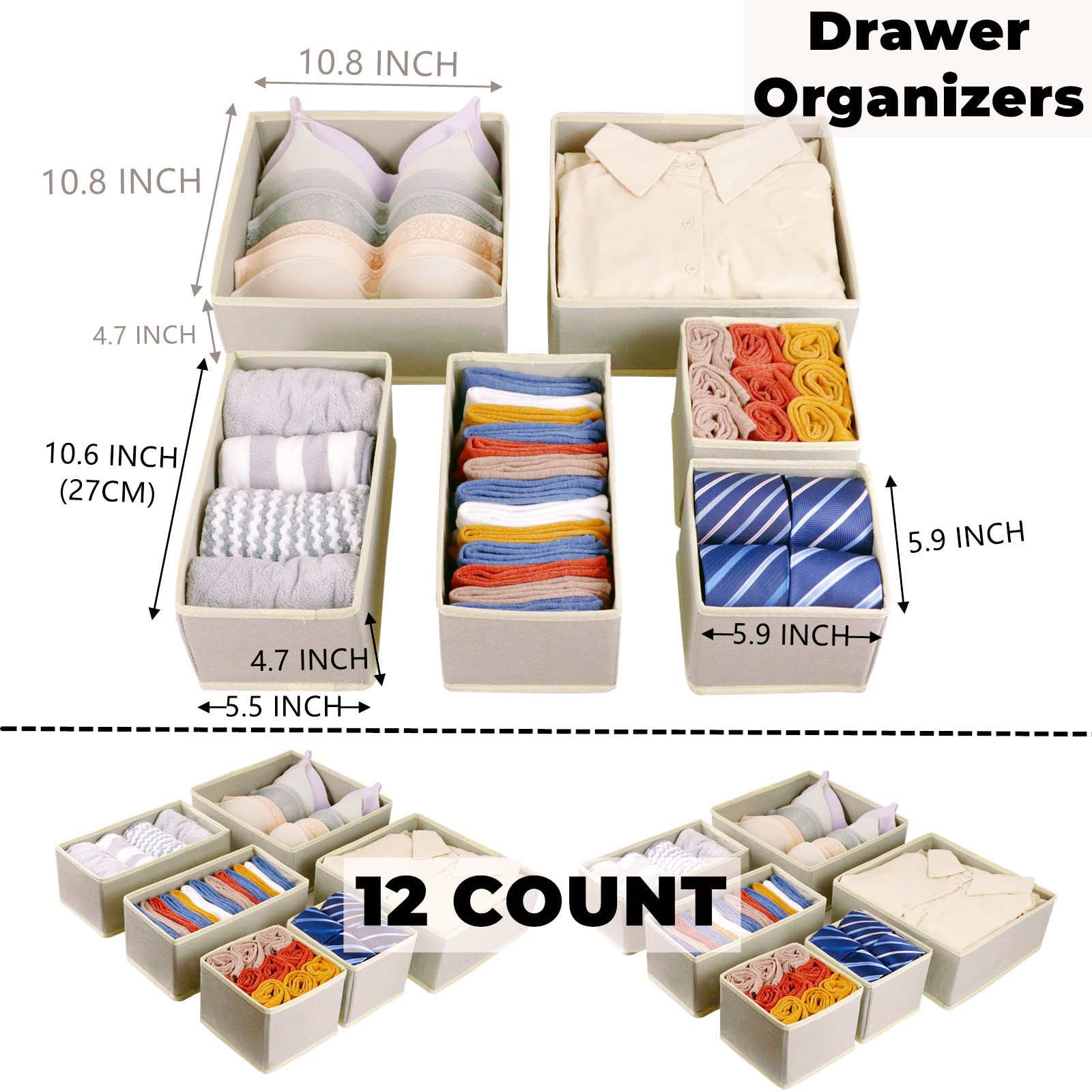 12 Pack Drawer Organizers, Drawer Dividers Storage Bins, Foldable Drawer Organizers for Clothing, Cloth Clothes Drawer Organizer