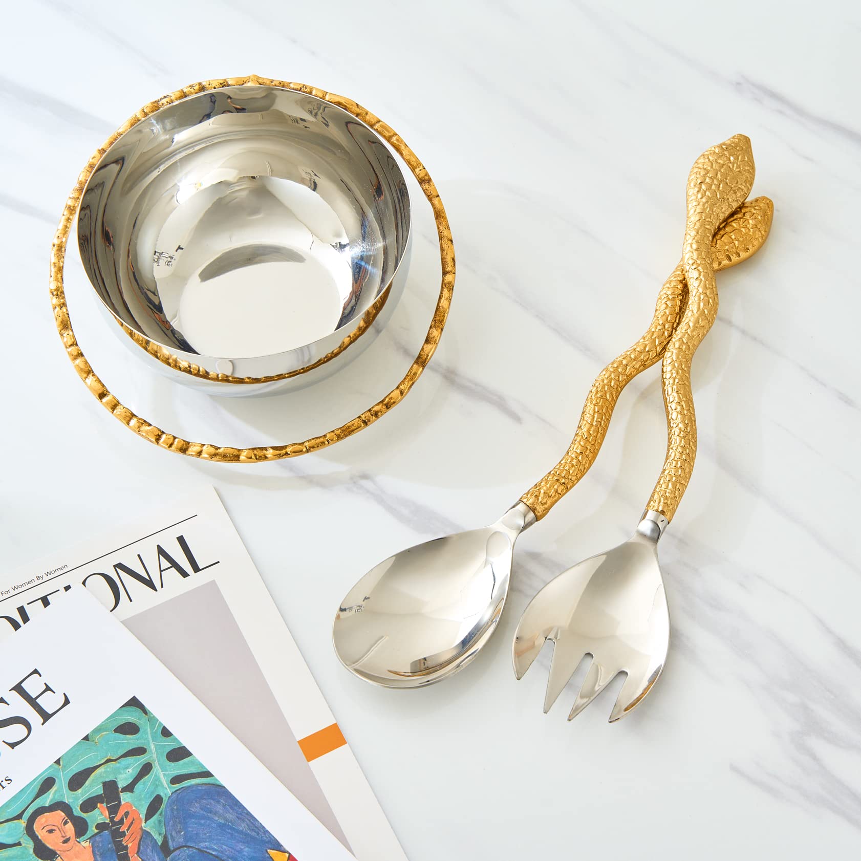 Gold Serpent Snake Salad Servers Brass & Stainless Steel, Fork & Spoon Set Snake Design Set, Two Tone Ideal For Weddings, Dinner