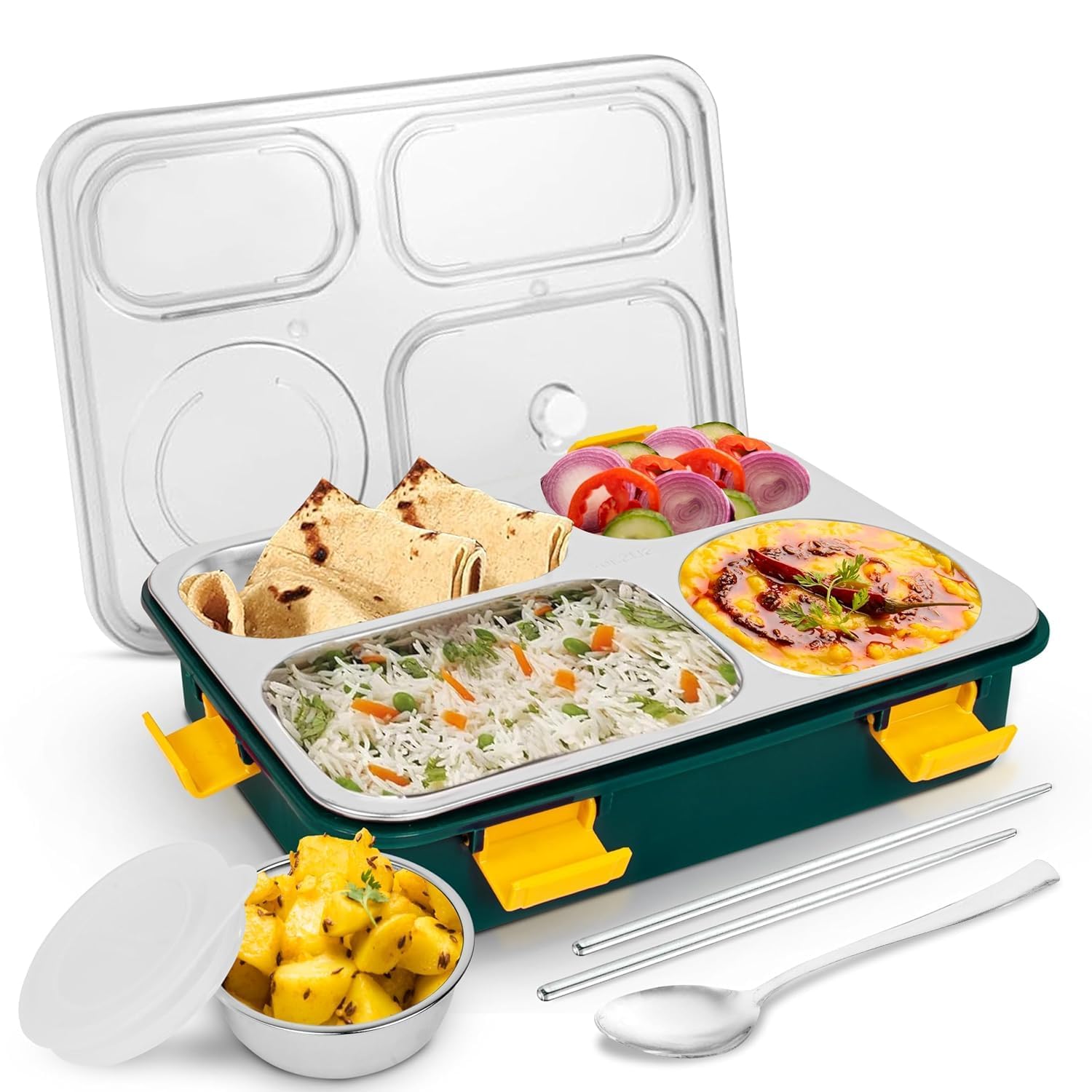 Novo Stainless Steel Lunch Box For Kids, Mealholder Having 4 Compartments And A Small Round Bowl With Lid Tiffin Box Features He
