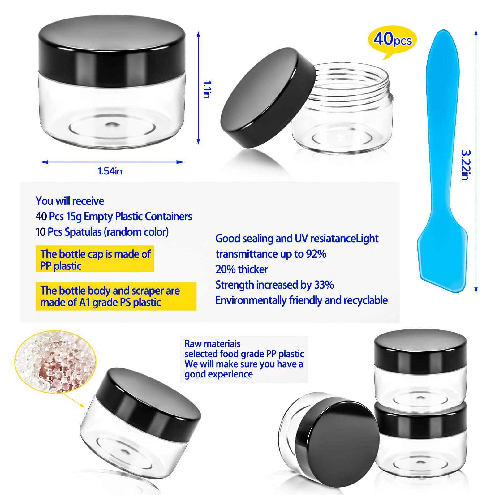Motbach 40 Pcs 15G Empty Plastic Containers With Black Lids,Small Makeup Sample Containers,0.5Oz Small Sample Pot Jars Round Tra