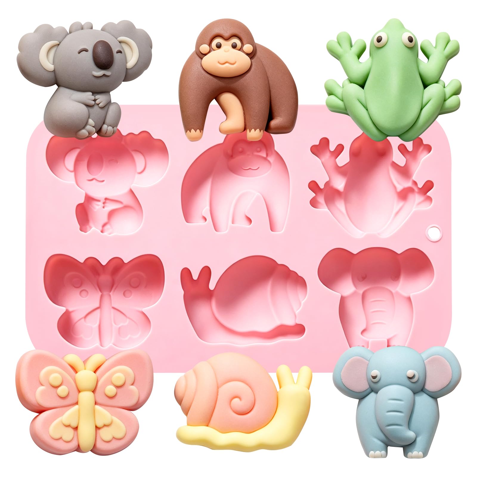 Silicone Animal Mold, 6Cavity Baking Mold with Koala, Monkey, Frog, Butterfly, Snail, Elephant Shapes