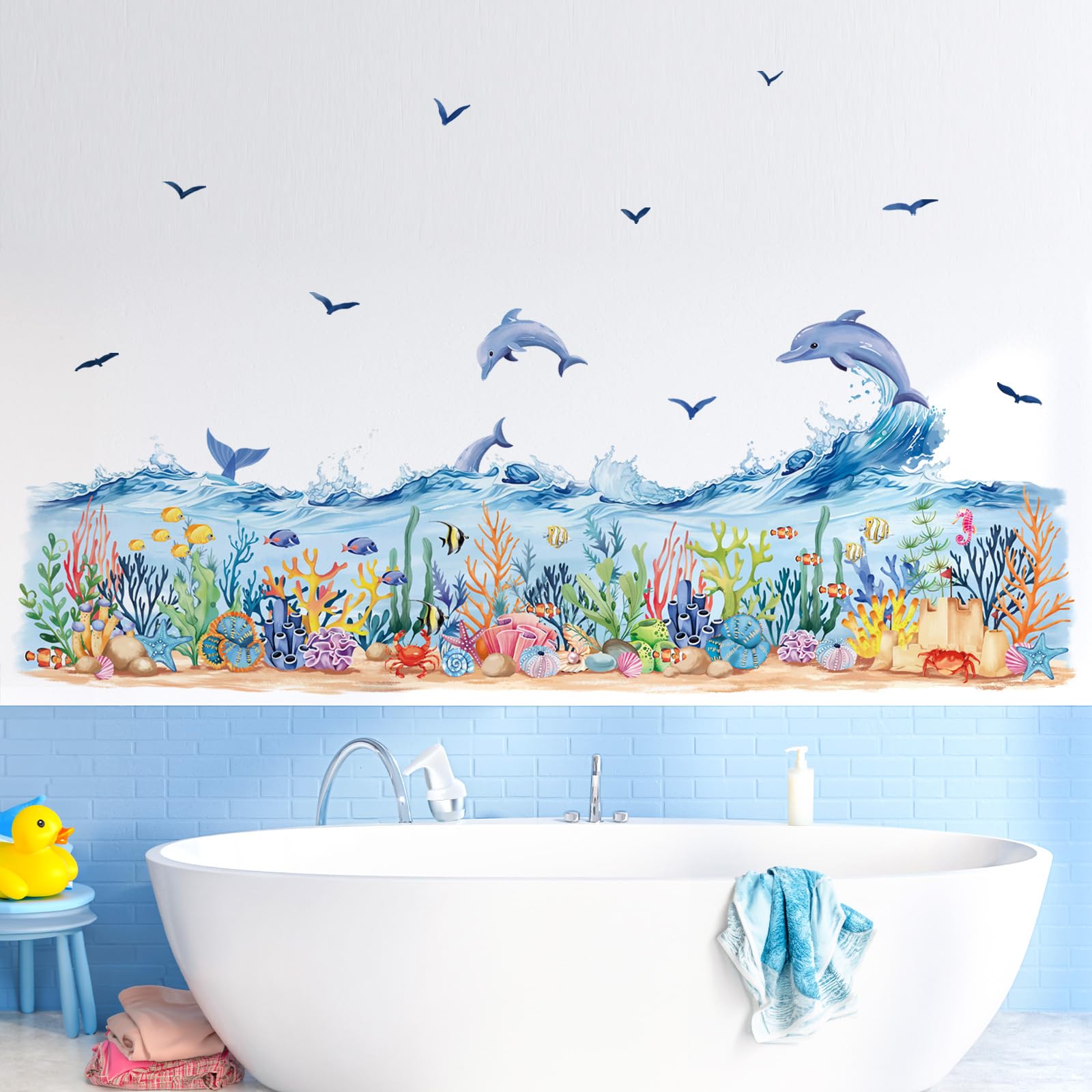 Decalmile Under The Sea Seaweed Grass Wall Decals Dolphins Fish Ocean Wave Baseboard Skirting Line Wall Stickers Kids Bedroom Ba