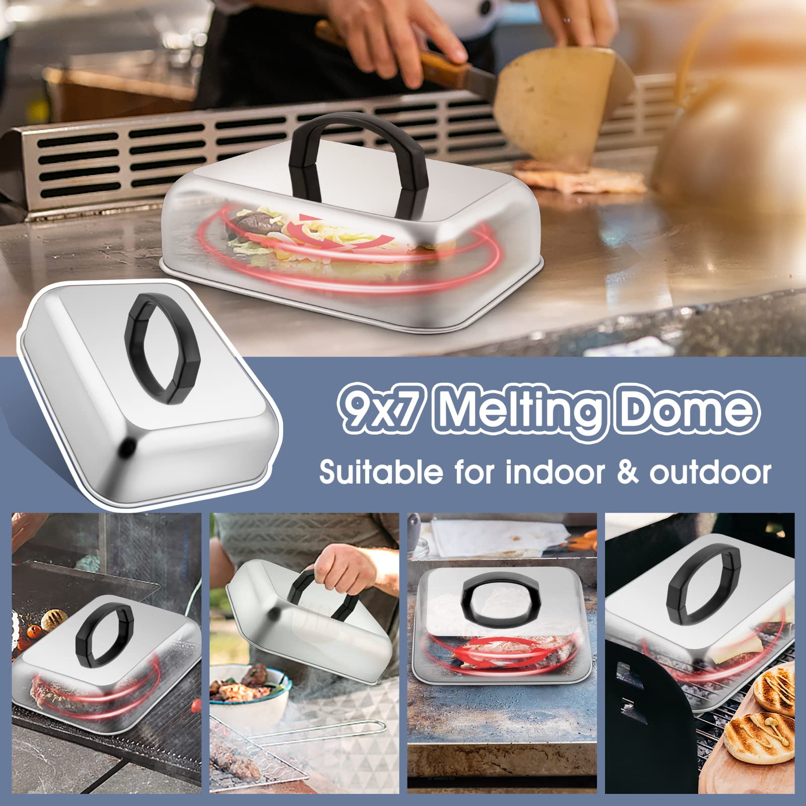Hasteel Cheese Melting Dome Set Of 2, Stainless Steel Rectangular 9X7 Inch Basting Steaming Cover, Heavy Duty Metal Grill Dome F