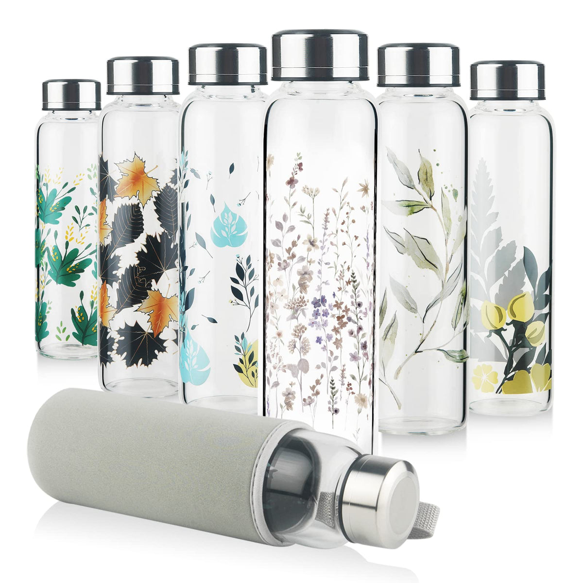 Reeho Borosilicate Glass Water Bottle, Sports Glass Drinking Bottle With Neoprene Sleeve And Stainless Steel Lid 16Oz / 32Oz