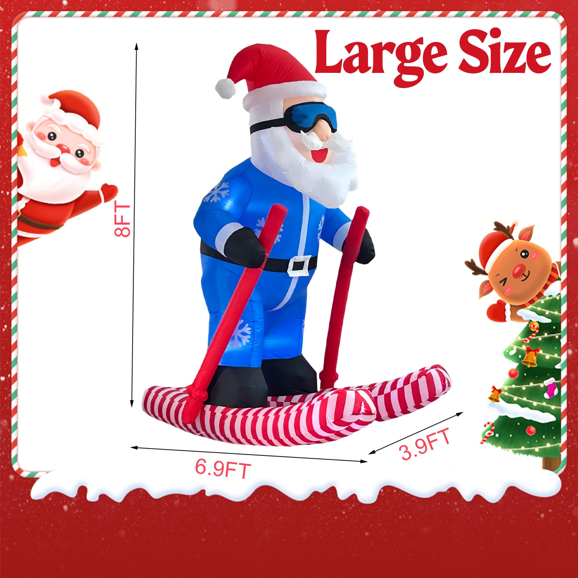 8FT Christmas Inflatable Skiing Santa Claus Decor, Blow Up Weatherproof Xmas Decorations for Yard, Built-in LED Light for Garder