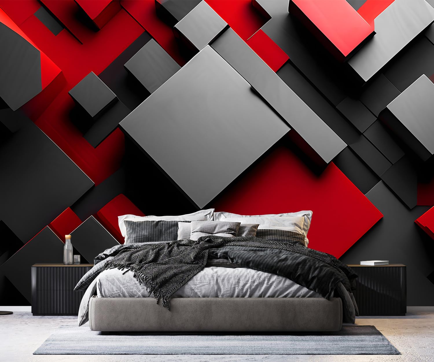 PYFFYP- Black and red 3D Geometry Wallpaper murals for Living Room(Not Peel and Stick)
