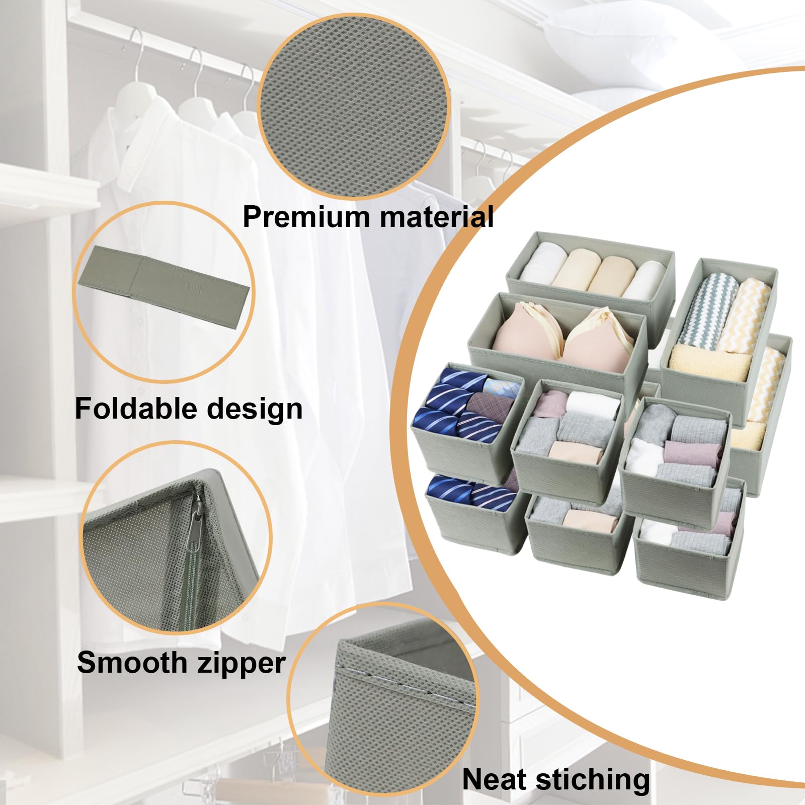 Set of 12 Drawer Organizer, Fabric Closet Organizer and Storage Baskets,Foldable Drawer Divider for Clothing,Sock,Ties,Underwear