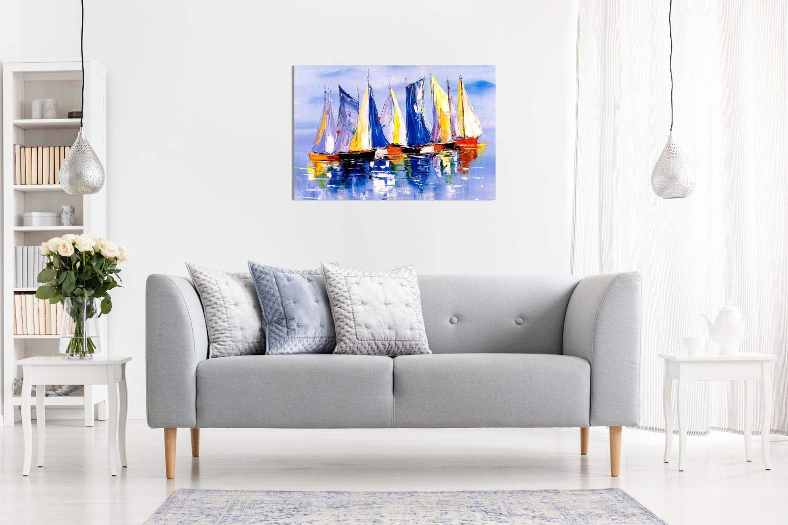 Boats In Sea Oil Painting Canvas Wall Art Picture Print (18X12)