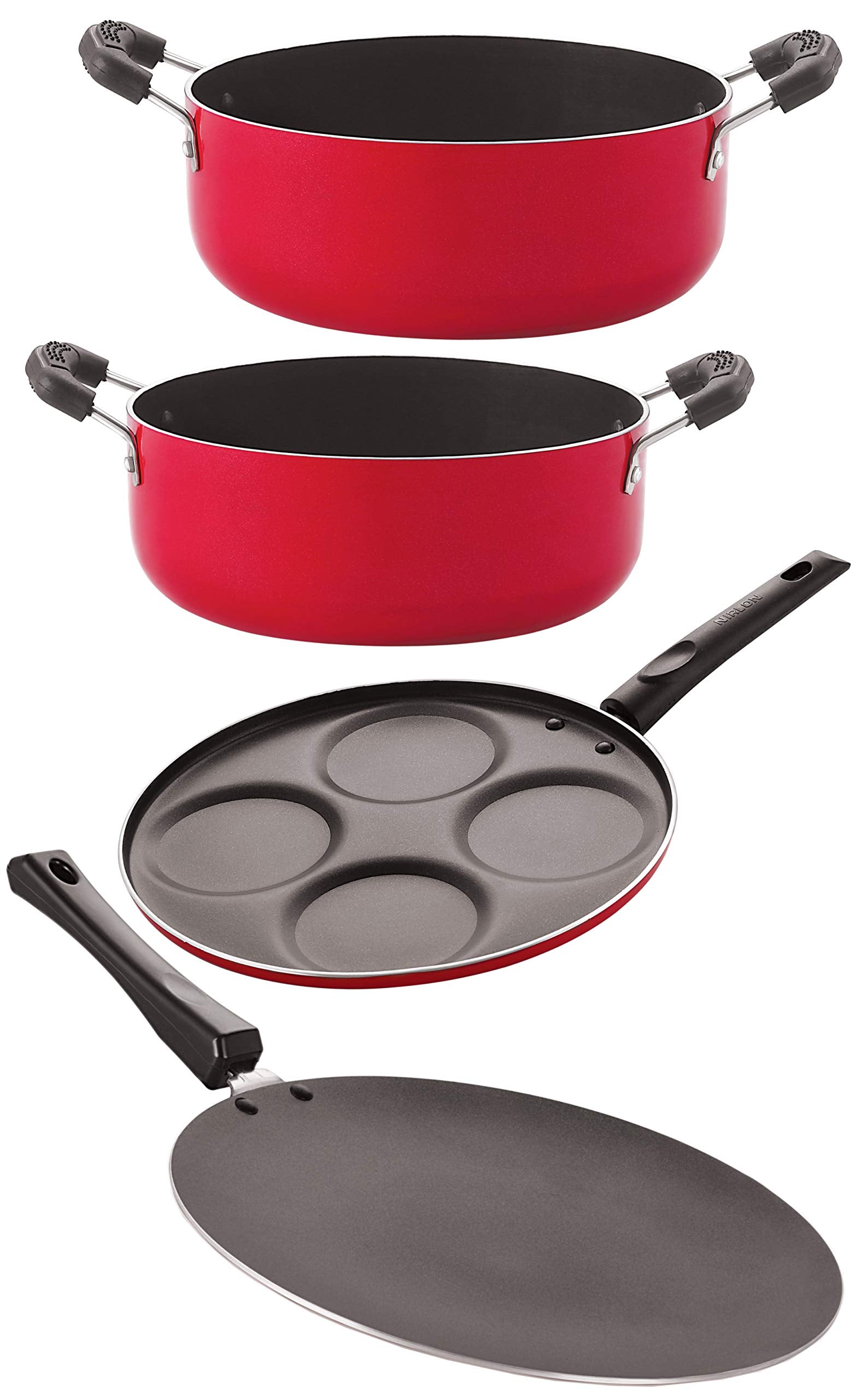 Nirlon Aluminium Nonstick Cookware 4 Pieces Set, Red (Concave Tawa 27.5Cm + Uttapam 4 Cavity + Casserole 2.6 Ltr + Casserole 3.1