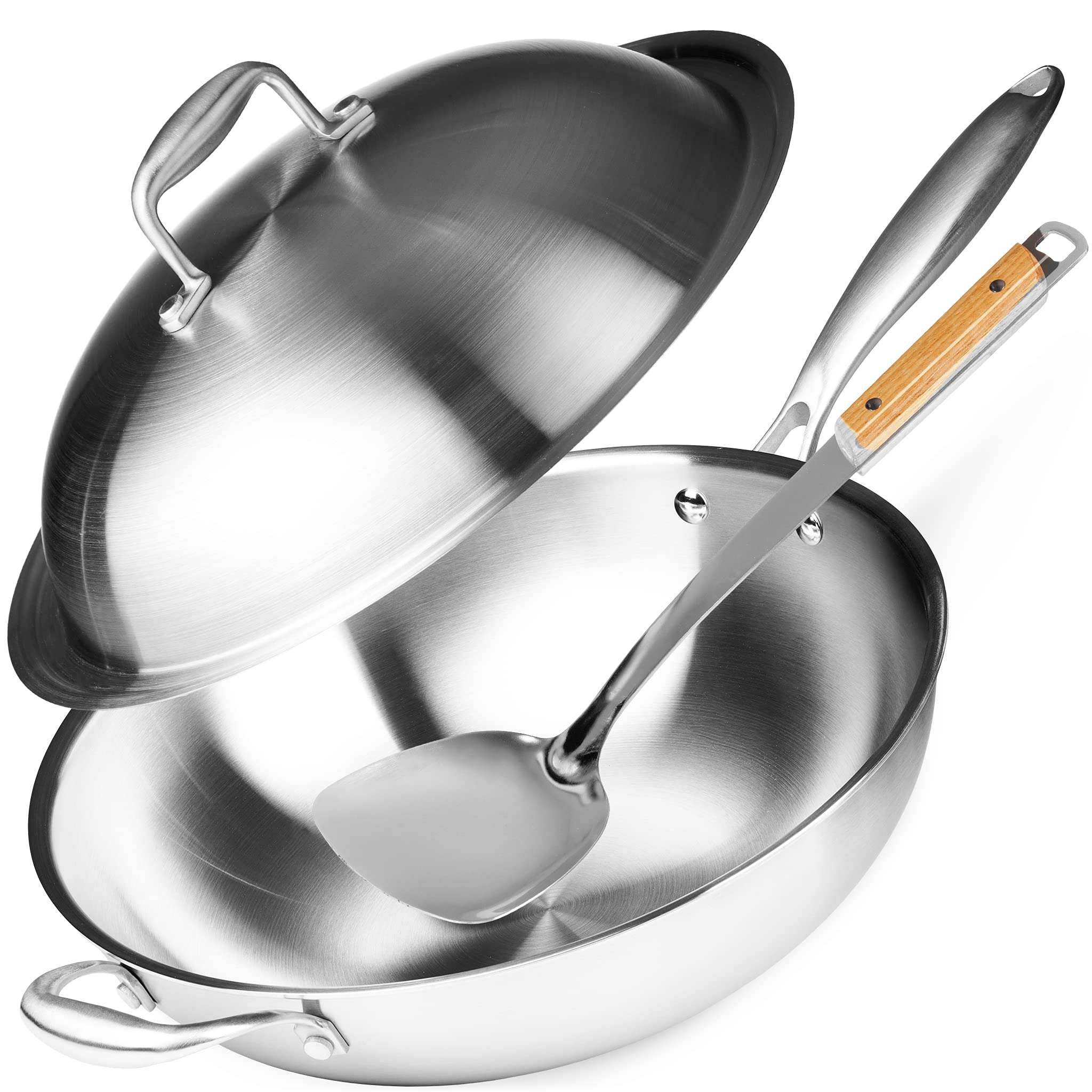 Willow & Everett Wok Pan - Non-Stick Stainless Steel Stir Fry Pans with Domed Lid & Spatula - Scratch Proof Cookware for Gas, In