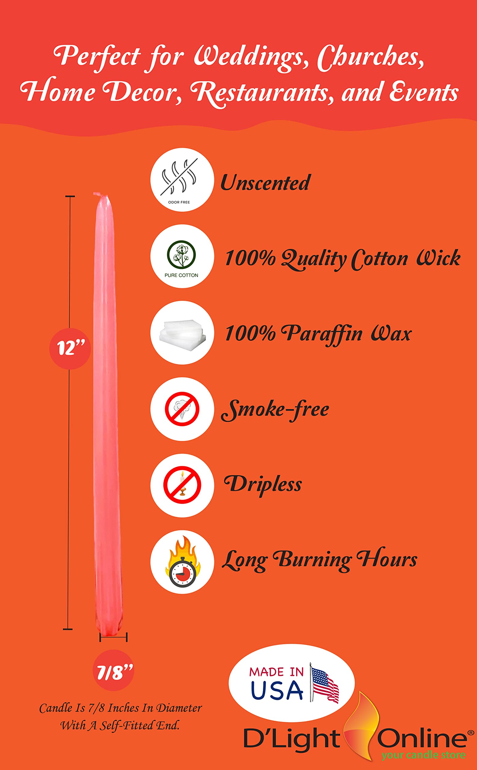 D'light Online Elegant Unscented Coral Taper Premium Quality Candles Hand-Dipped  Dripless and Smokeless - Set of 12 Individually Wrapped (12 Inch  Coral)