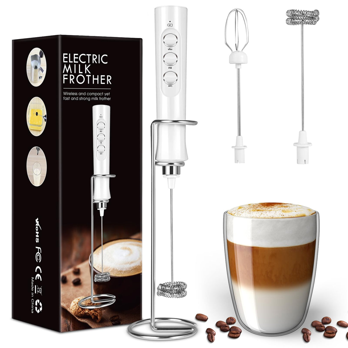 Rechargeable Milk Frother Handheld For Coffee, Stirrers Electric Whisk With Wall Mounted Stand, Drink Mixer Hand Frother Wand (M