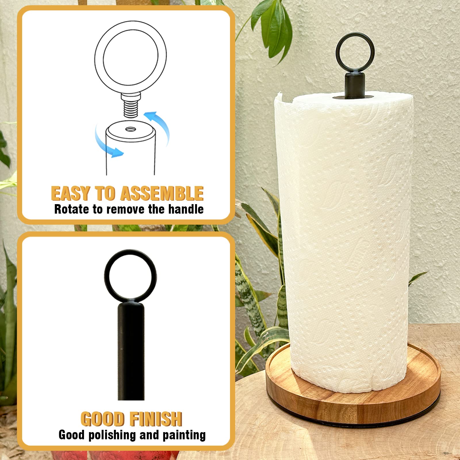 Wildmos Paper Towel Holder Countertop,Solid Acacia Wood With Thick Metal Base,Black Paper Towel Holder For Farmhouse Kitchen,Woo