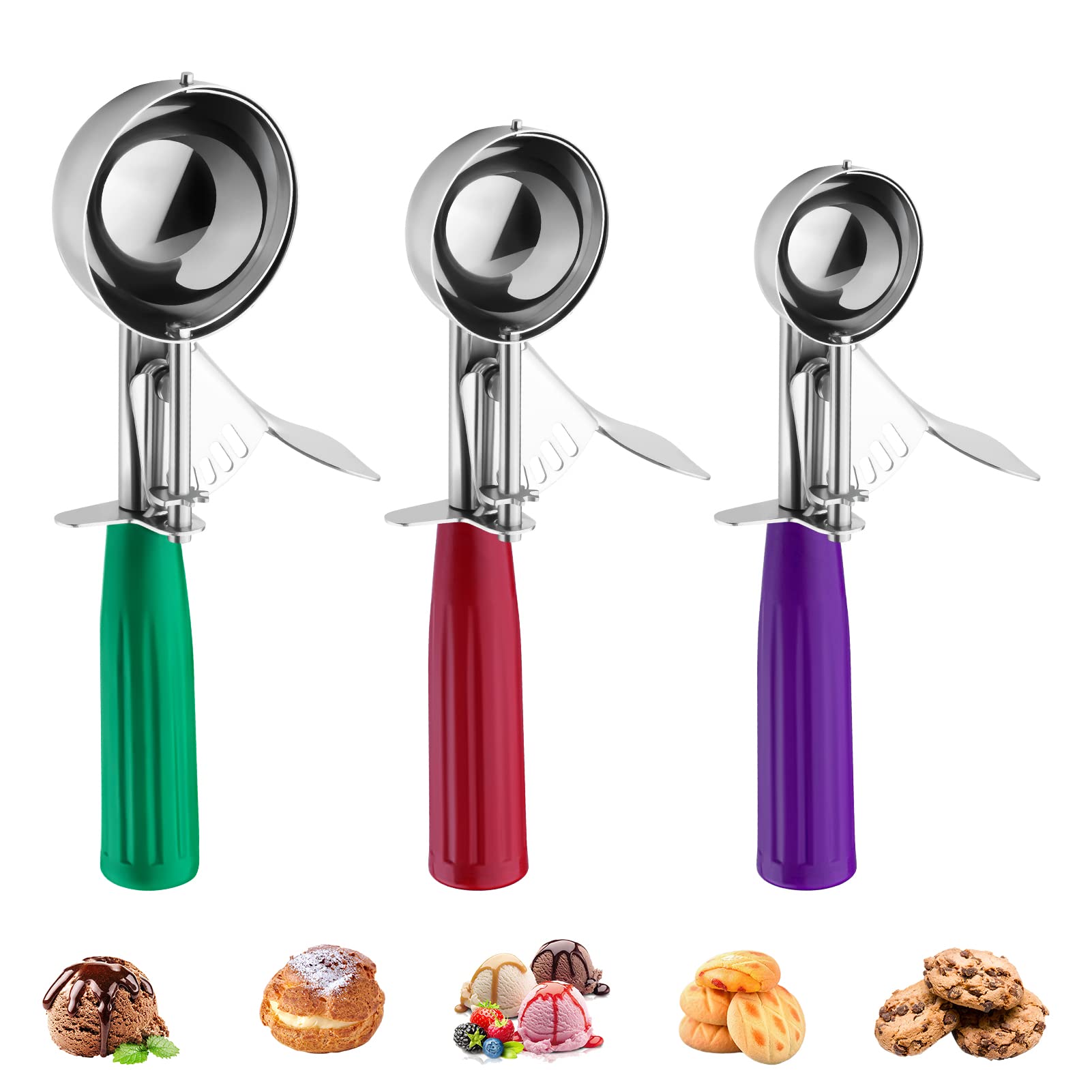 Ice Cream Scoop, Ice Cream Scooper Set Include Different Sizes, Heavy Duty Ice Cream Scoop With Trigger, Polishing Stainless Ste