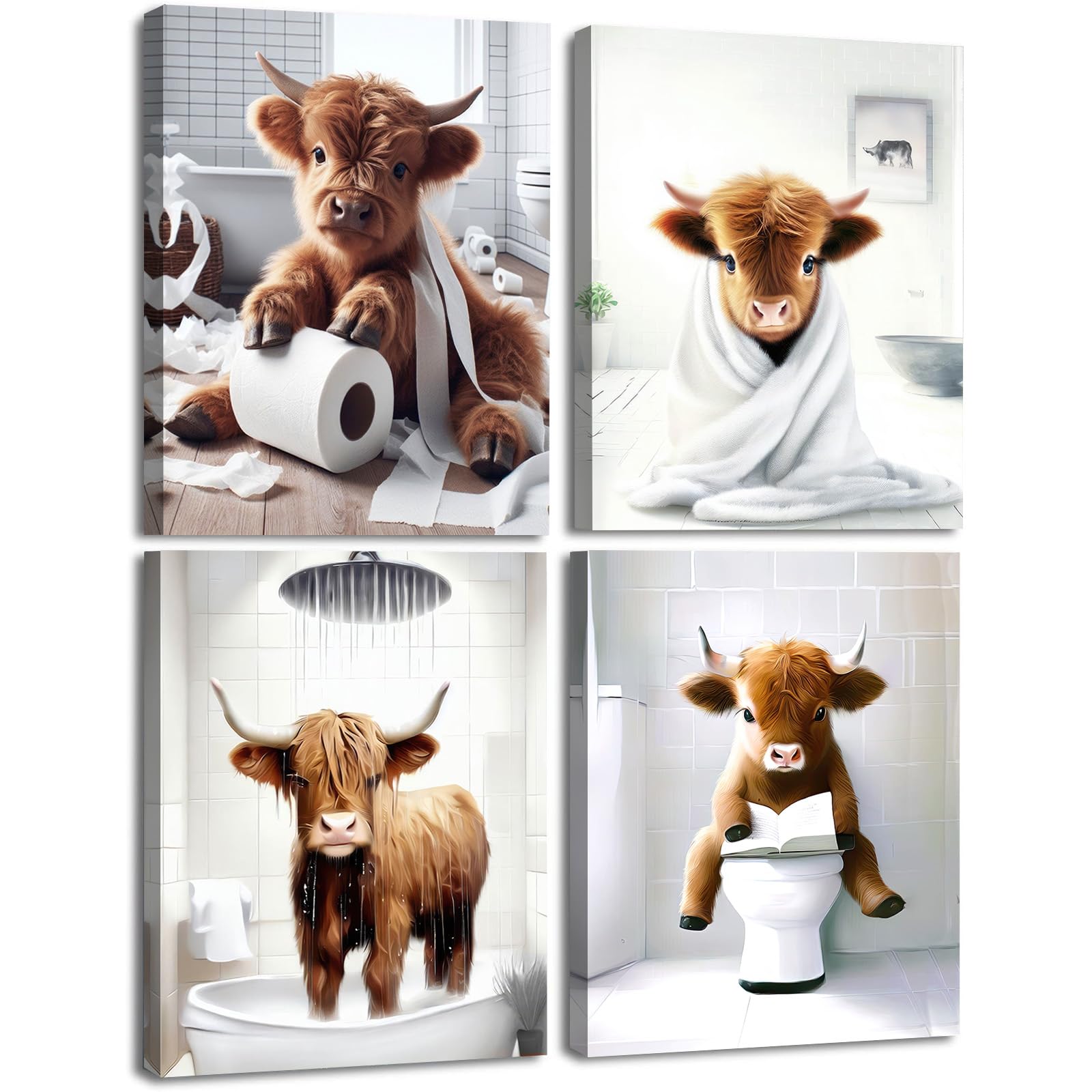 Framed Bathroom Decor Wall Art,Funny Highland Cow In Bathroom,Rustic Farmhouse Bathroom Wall Art,Funny Bathroom Wall Decor Signs