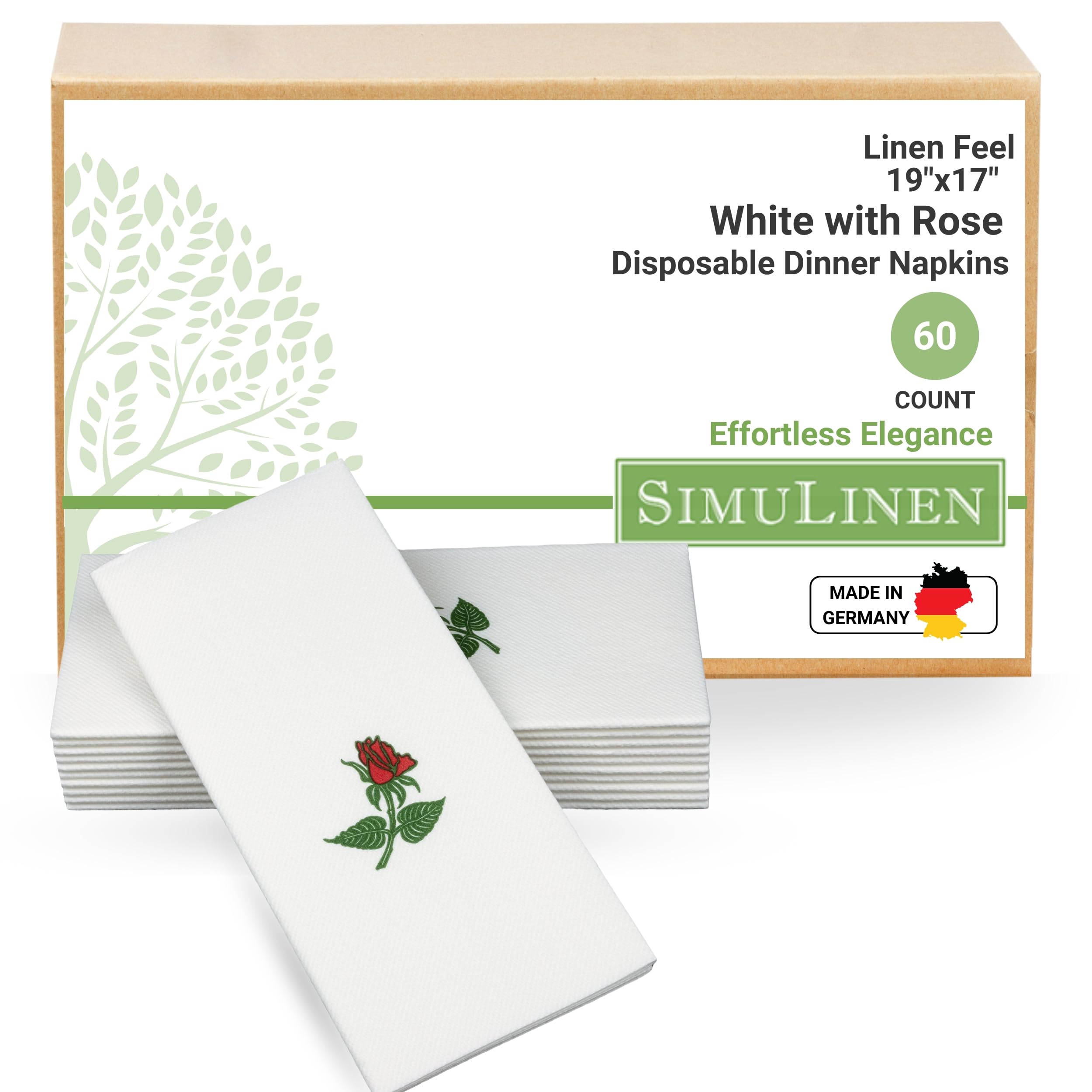 Simulinen Single Rose Dinner Napkins - Decorative Cloth Like & Disposable Large Napkins - Soft, Absorbent & Durable (19''X17'' -