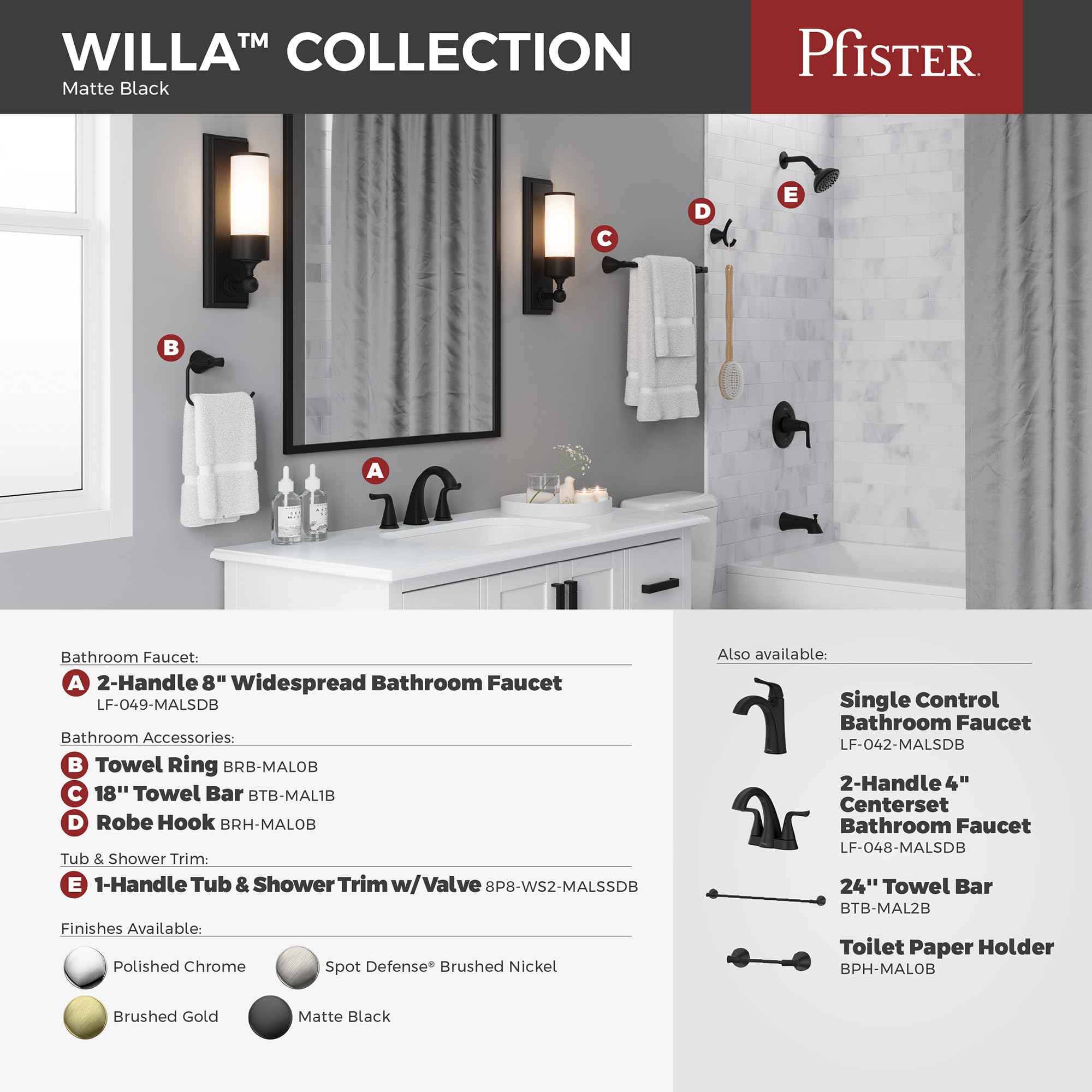 Pfister Willa Toilet Paper Holder, Bathroom Tissue Roll Holder, Wall-Mounted, Screw-In, Matte Black Finish, Bphwll0B