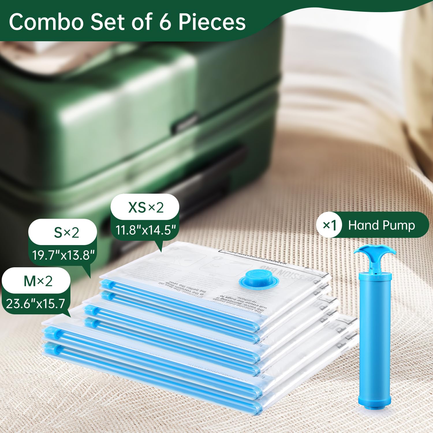 Brodi Travel Vacuum Bags with Pump - 6 Pack Compression Bags, Clear PA+PE, Space Saver for Clothing & Luggage
