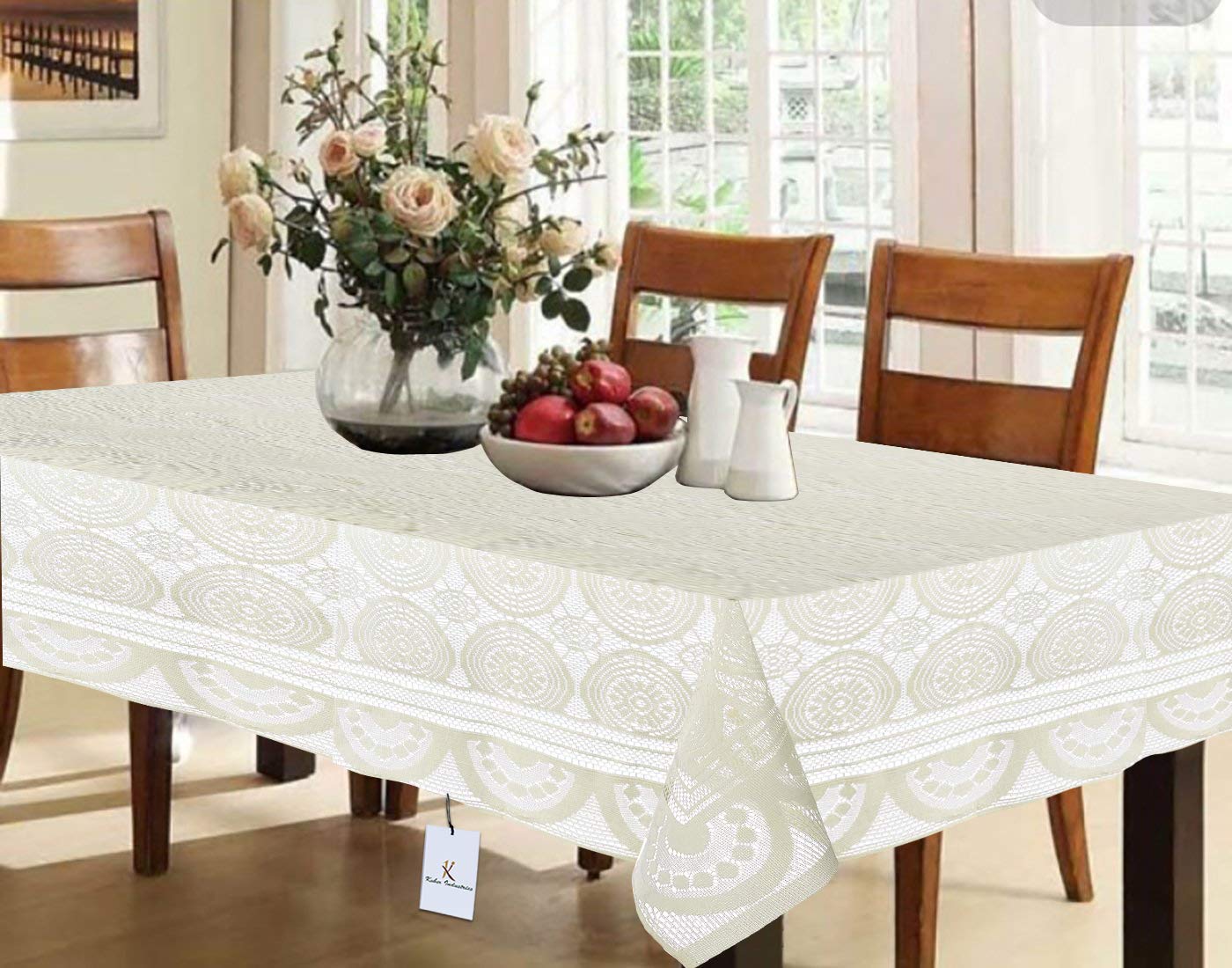 Kuber Industries Dining Table Cover Cream Cloth Net For 6 Seater 6090 Inches (Self Design)