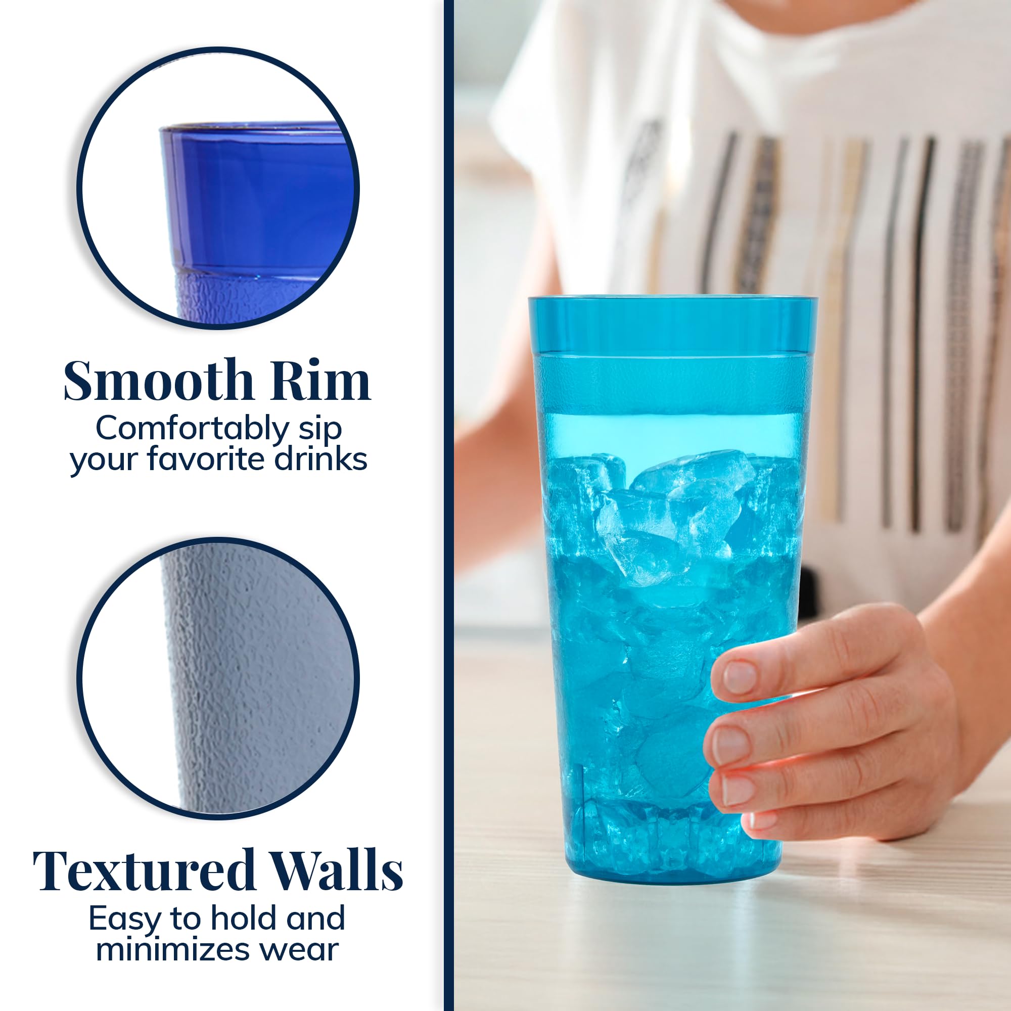 US Acrylic Caf? Plastic Reusable Tumblers (Set of 12) 32-ounce Iced-Tea Cups  Coastal  Value Set of Restaurant Style Drinking Glasses  Stackable  BPA-free  Made in the USA  Top-rack Dishwasher Safe