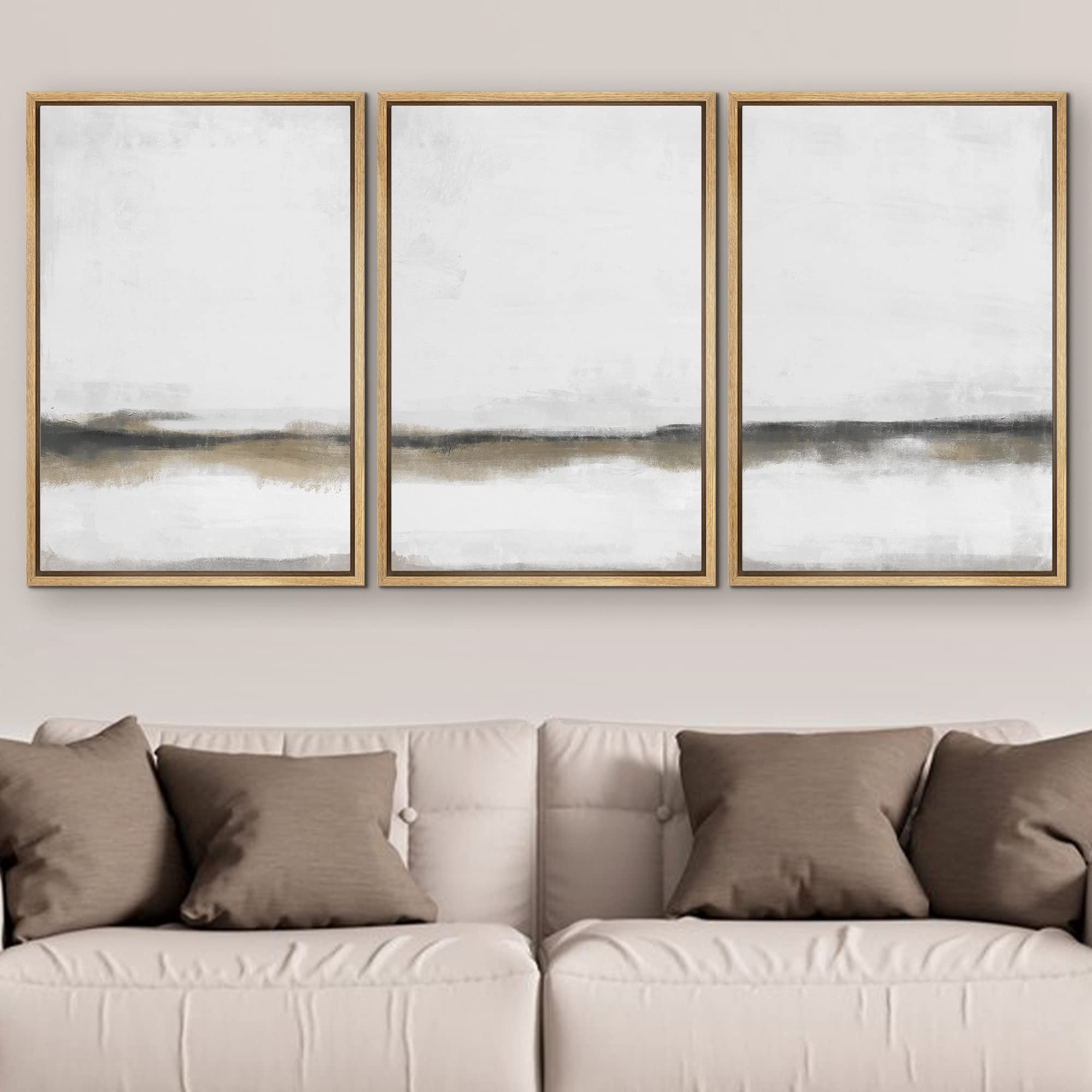 Signford Framed Canvas Print Wall Art Set Gray Tan Paint Stroke Landscape Abstract Shapes Illustration Modern Art Decorative Nor