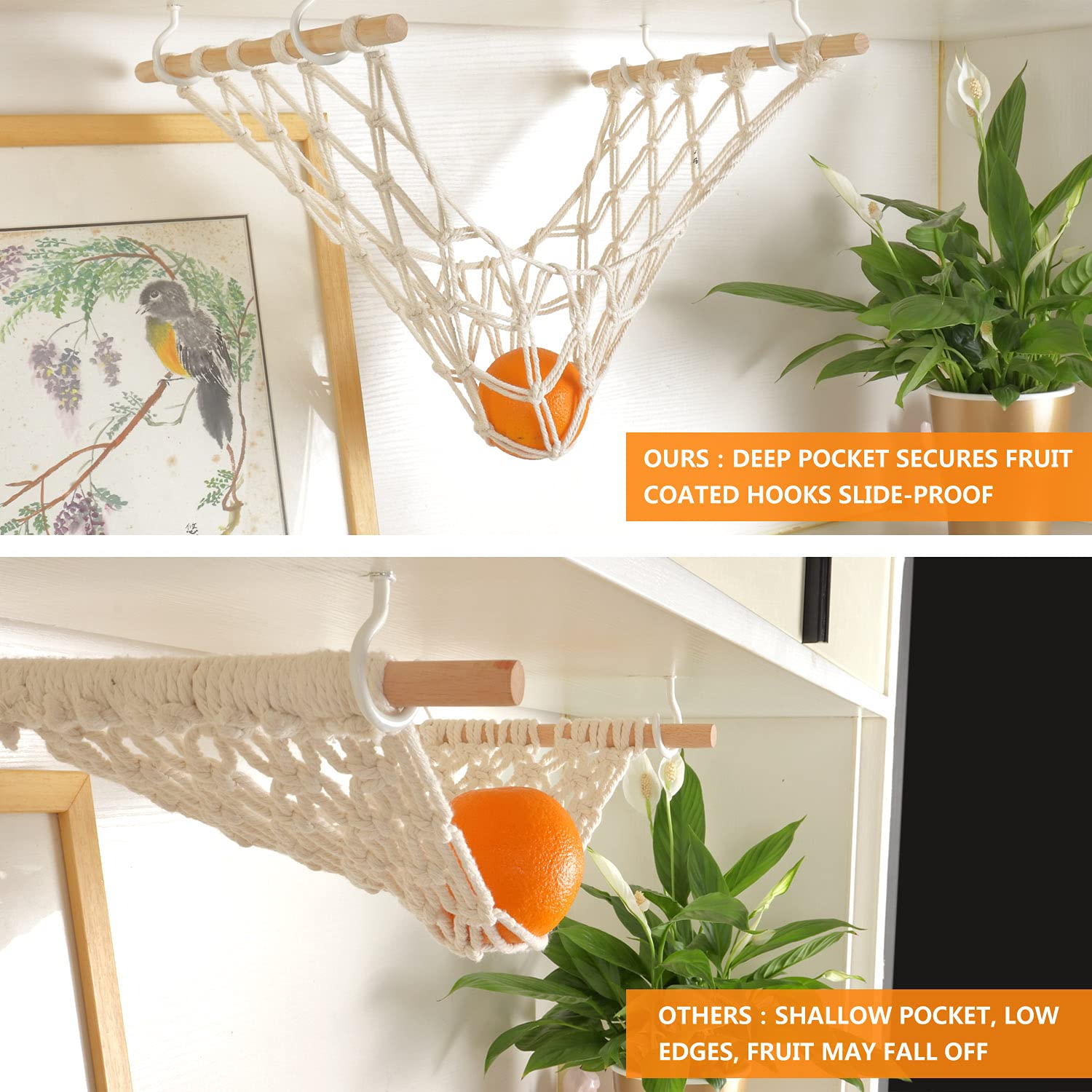Evbopa Hanging Fruit Hammock For Kitchen Under Cabinet Macrame Fruit Basket For Bananas Fruit Storage With Hooks For Kitchen D