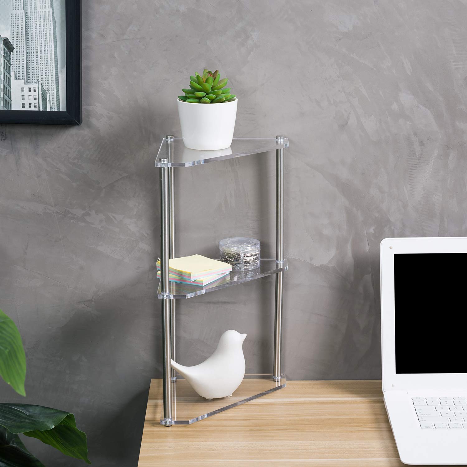 MyGift 3 Tier Clear Acrylic and Metal Tabletop Decorative Display Stand Desktop Corner Shelf  Tiered Bathroom Vanity Cosmetic Makeup Organization Shelves