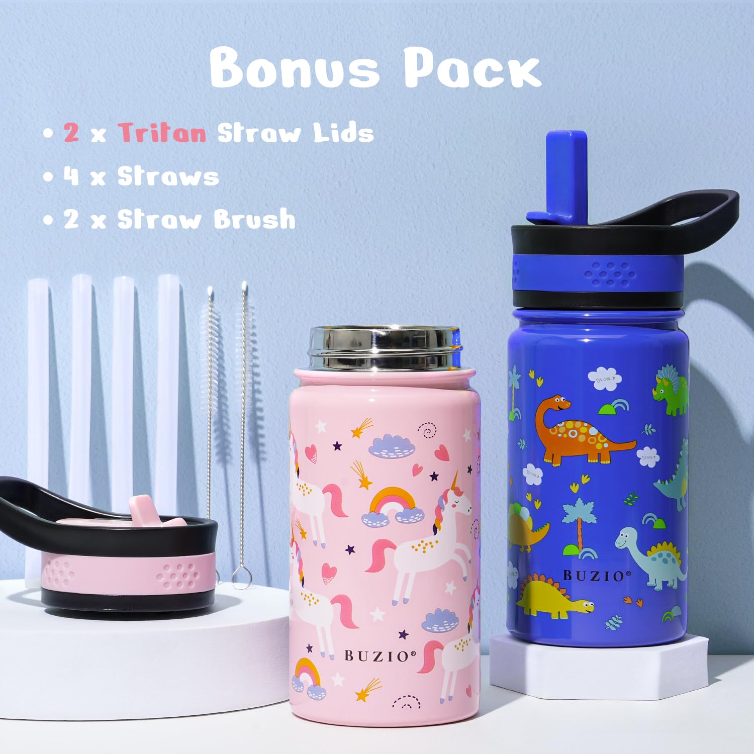 2-Pack Kids Water Bottle, Buzio 14 Oz Toddler Stainless Steel Insulated Water Bottles With Tritan Straw Lid, Leak Proof Bpa-Free