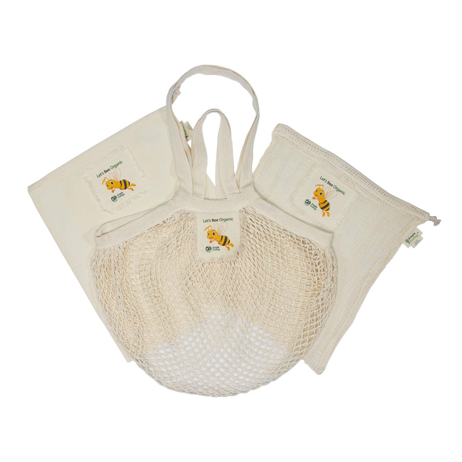 Simple Ecology Lets Bee Organic Cotton Reusable Honey Bee Gift & Starter Set (String Produce Saver Bags, Food Storage, Bulk Bin,