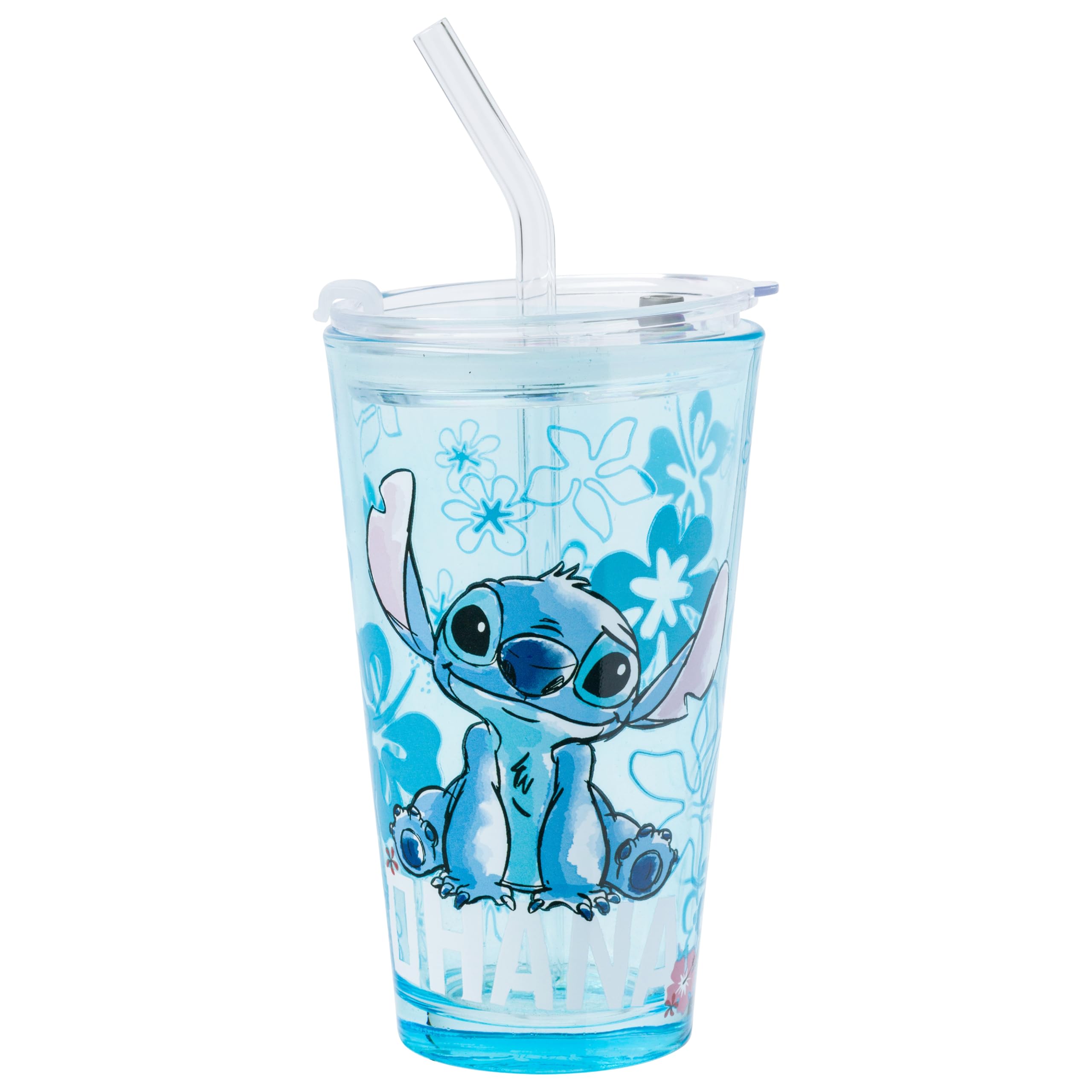Silver Buffalo Disney Lilo and Stitch Ohana    Pint Glass with Lid and Glass Straw, 16 Ounces