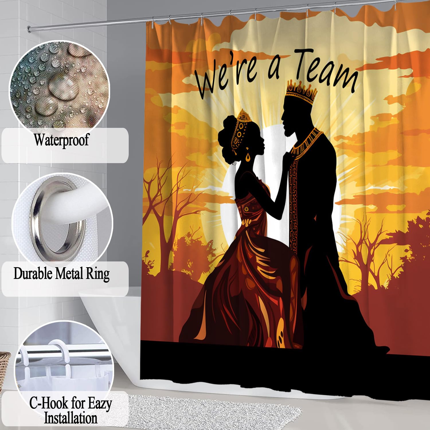 Omebero 4Pcs African American Shower Curtain Sets, Inspirational Quotes Black King Queen Bathroom Set With Shower Curtain And Ru