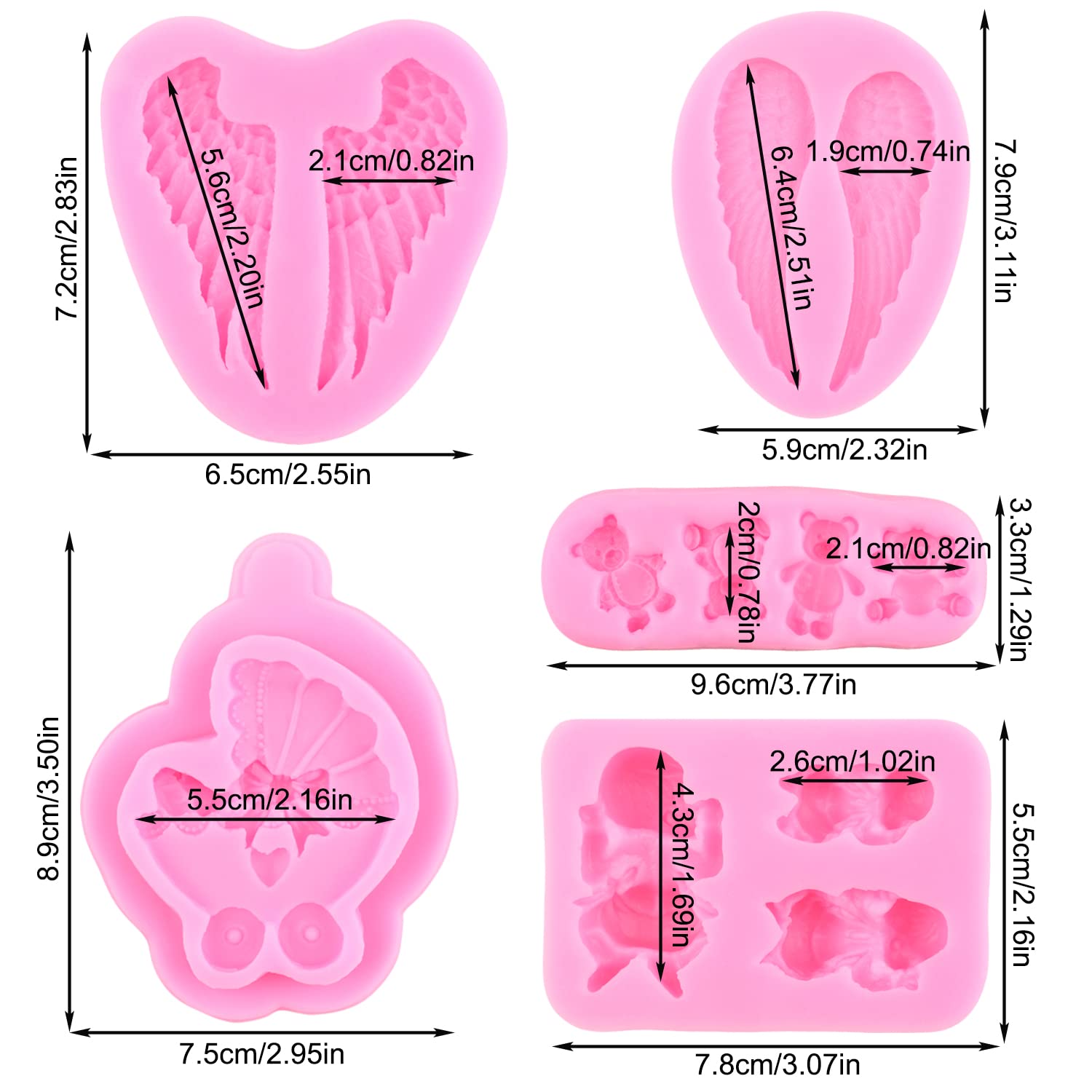 Mypracs Baby Silicone Fondant Mold Baby Shower Themed Fondant Molds Angel Wings Mold Bear Candy Molds Baby Carriage Mold For Cup