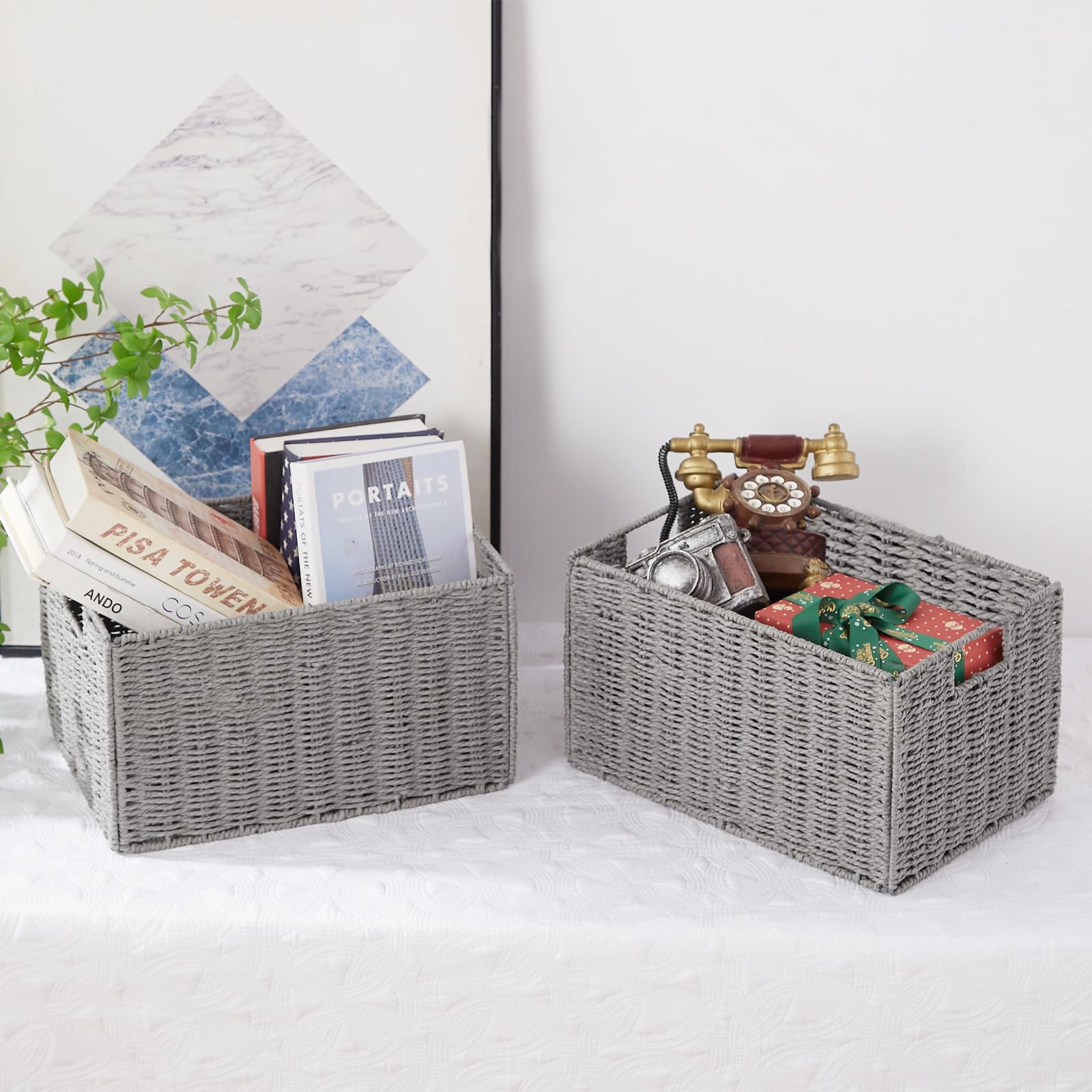 Vagusicc Wicker Basket, Baskets For Organizing, Set Of 2 Woven Paper Rope Wicker Storage Basket With Handles, Foldable Large Cub