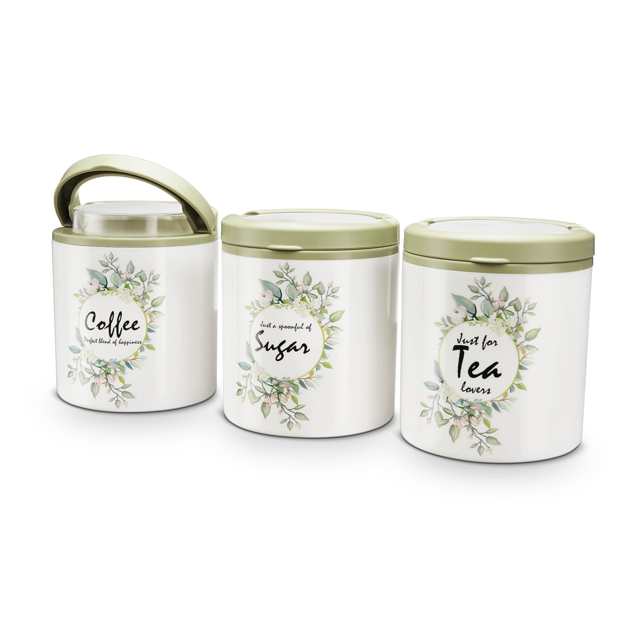 Trueware Lift Up Sugar Tea Coffee Container|Set Of 3| Olive Green|Container|750 Ml Each|Air Tight|Bpa Free|100% Food Grade|Odour