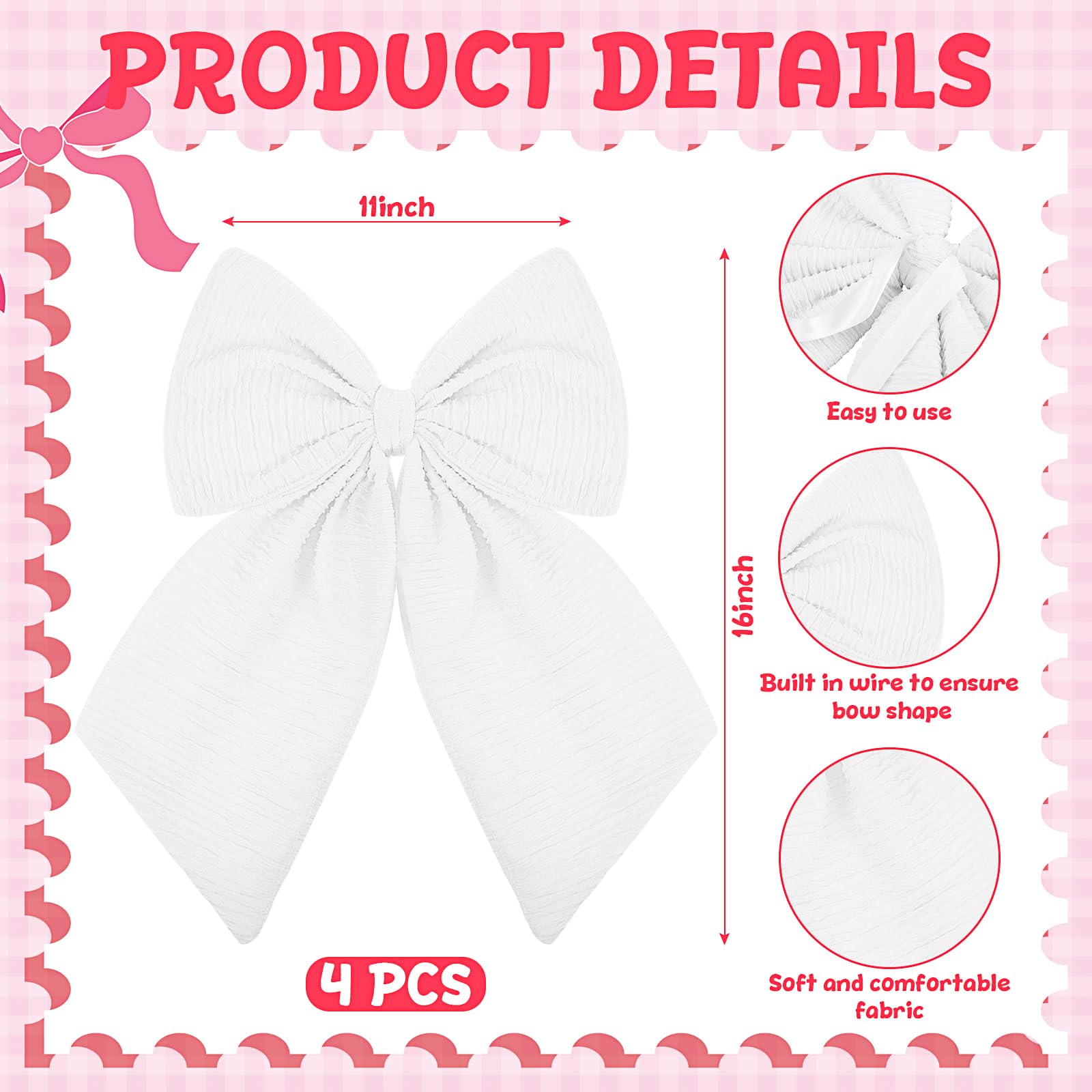 Riceshoot 4 Pcs Large Crib Bows 11 x 16 inch Coquette Bow Decorations for Nursery Crib Canopy Bed Large Bow Room Nursery Decor I