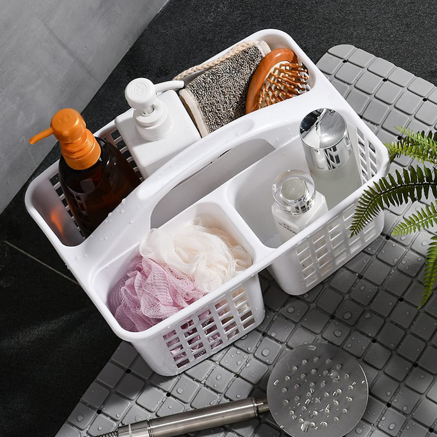 3 Compartments Plastic Shower Caddy Basket, Portable Divided Cleaning Supply Storage Organizer With Handle (White)