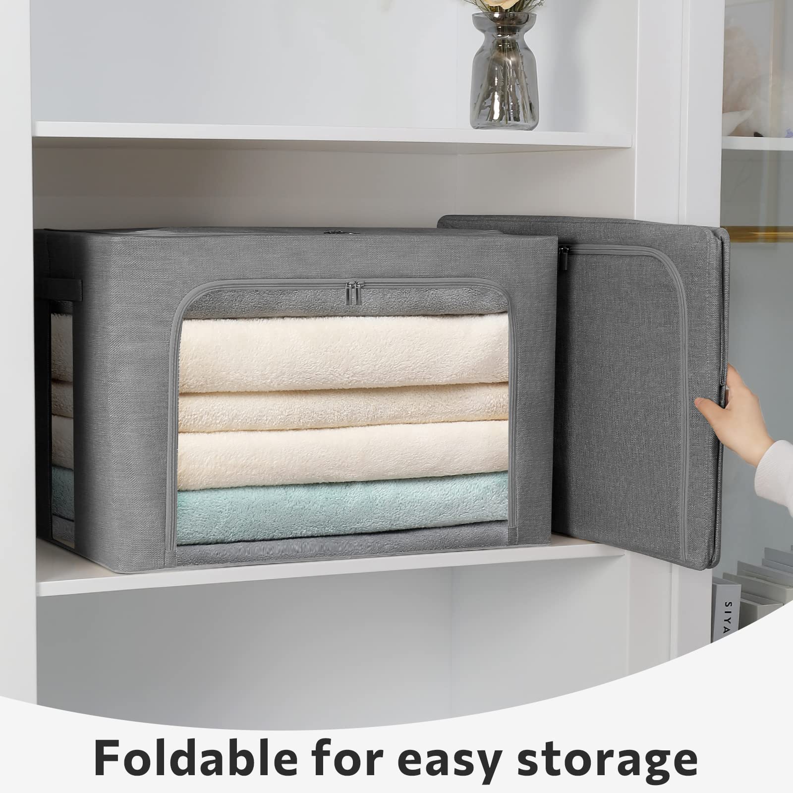 Extra Large Clothes Storage Bins - Foldable Metal Frame Storage Box - Stackable Linen Fabric Box Organizer Set with Carrying Han